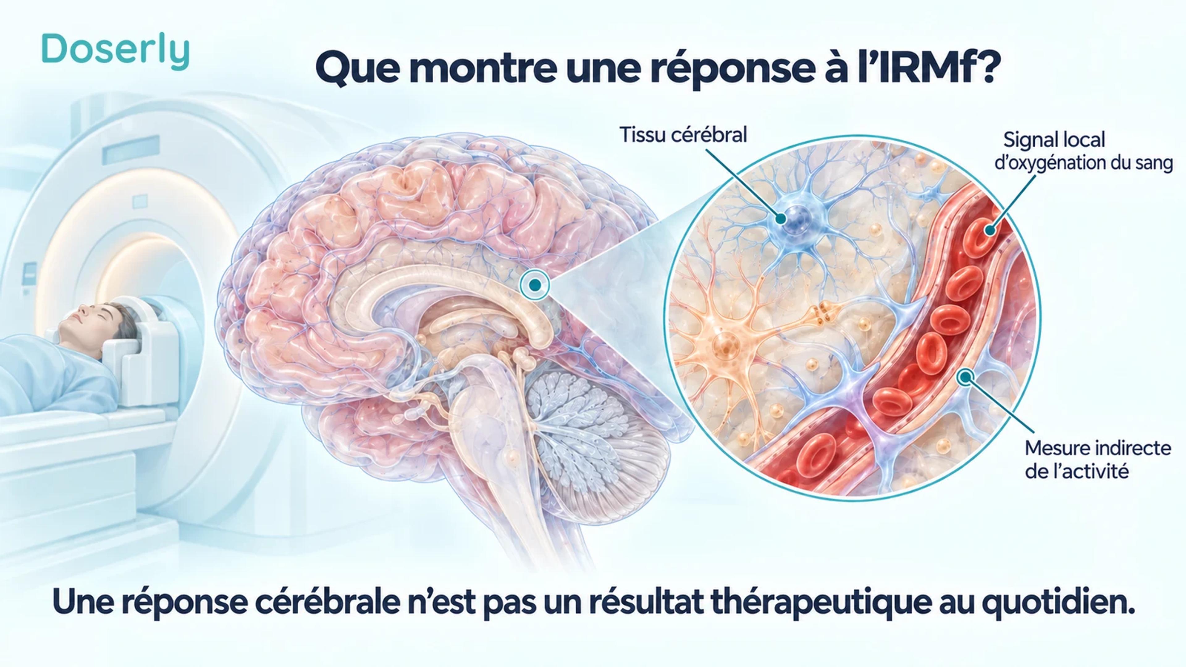 Un cerveau conceptuel et un agrandissement de tissu neural à côté d’un vaisseau sanguin illustrent le signal indirect lié à l’oxygénation du sang mesuré par IRMf.