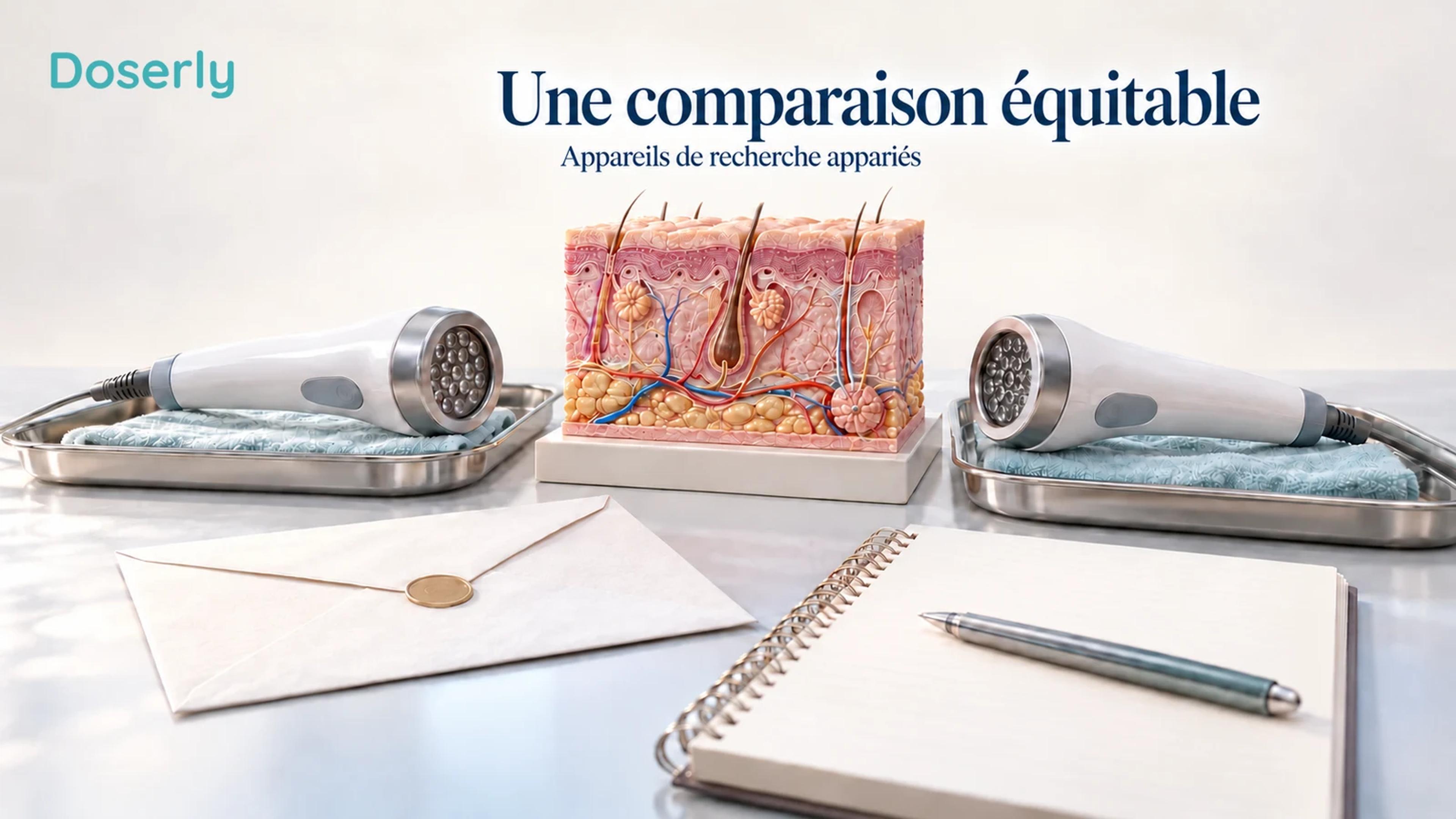 Deux sondes de recherche identiques et éteintes, un modèle de peau pédagogique et une enveloppe scellée illustrent une comparaison contrôlée d’appareils.
