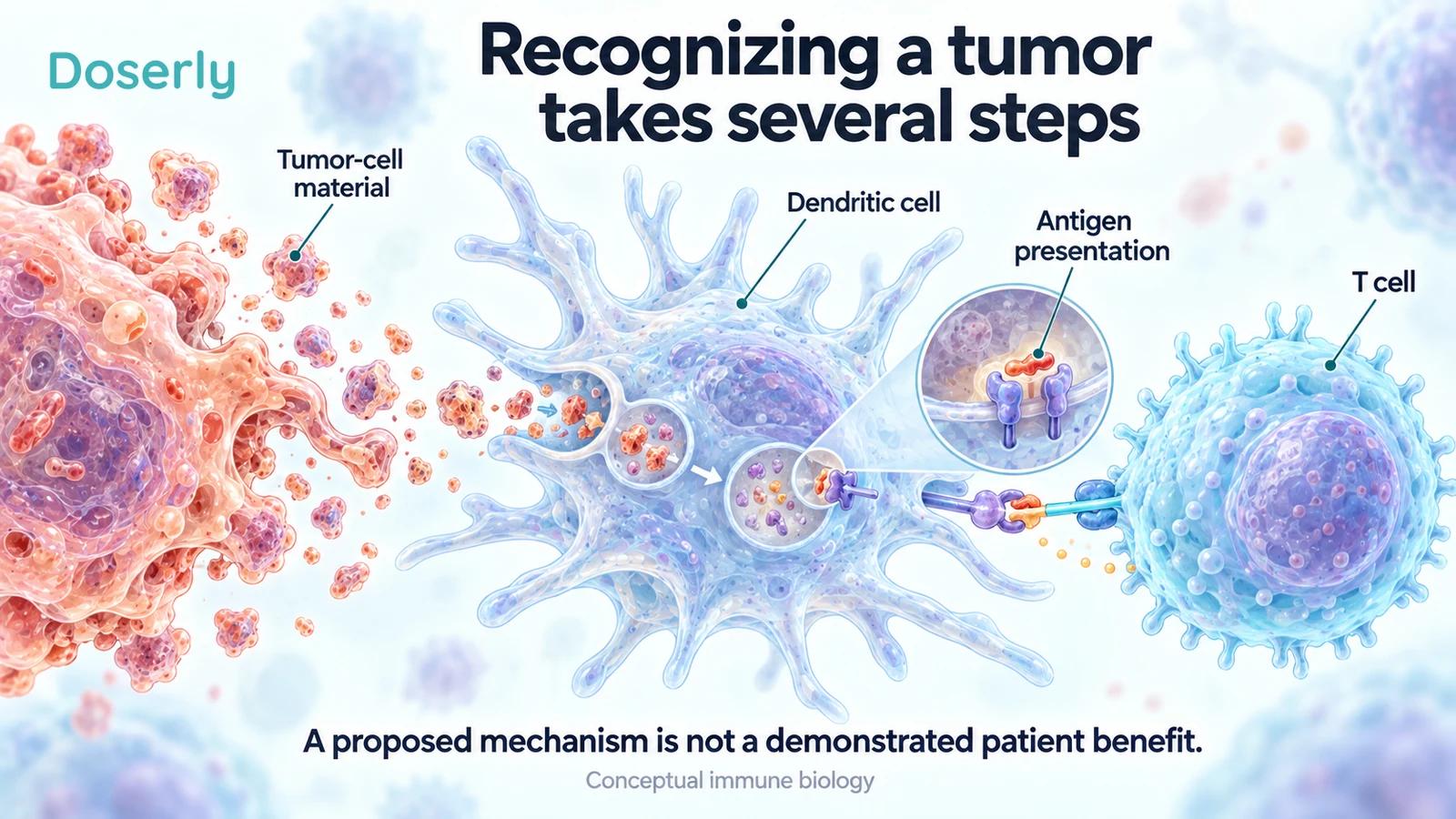 A tumor cell, branching dendritic cell and T cell illustrate uptake and presentation of tumor material.