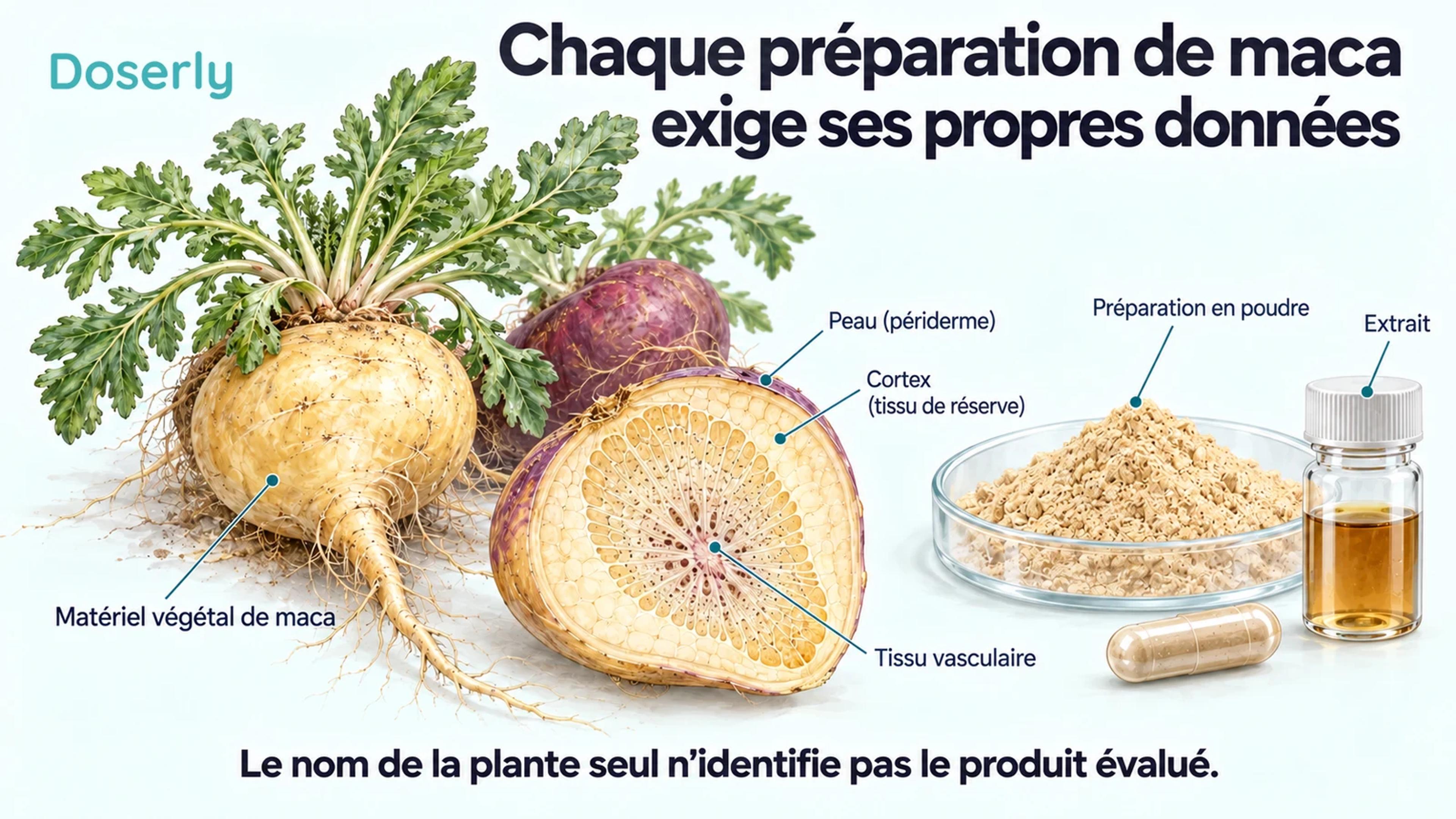Du matériel végétal de maca et une coupe de tissu agrandie côtoient de la poudre, une capsule et une fiole d’extrait neutre.
