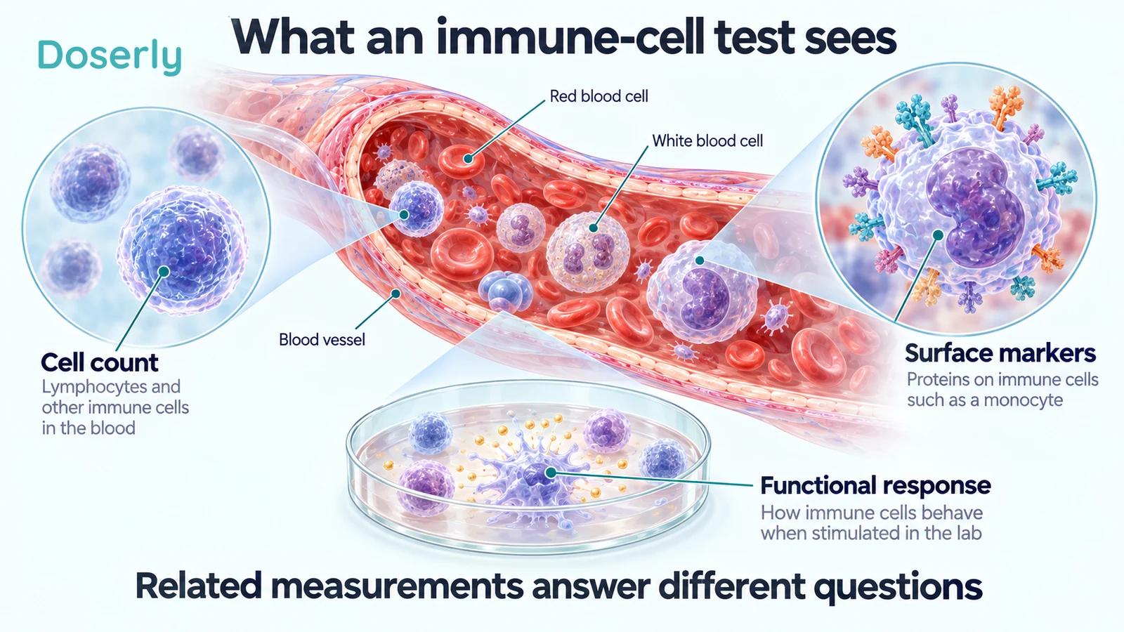 A blood vessel and cell magnifications illustrate cell counts, surface proteins and laboratory functional responses.