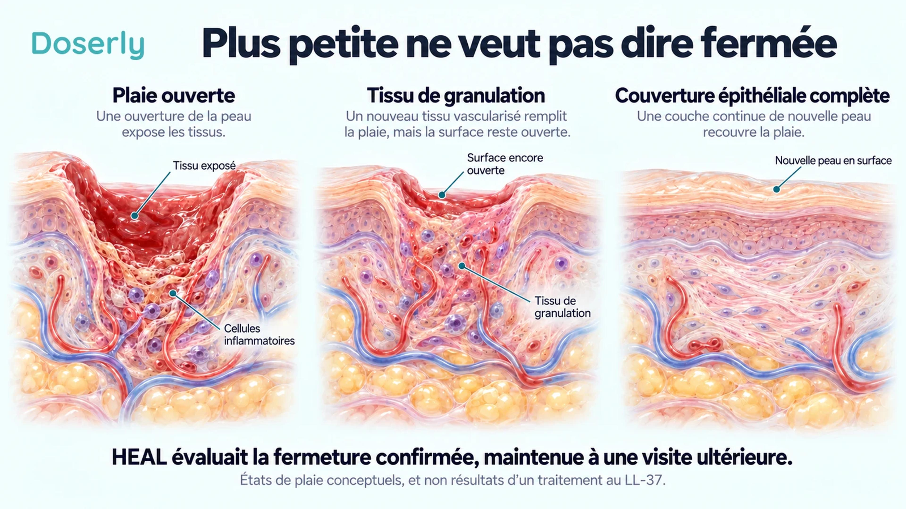 Trois coupes conceptuelles de la peau montrant une plaie ouverte, du tissu de granulation et une couverture épithéliale continue.
