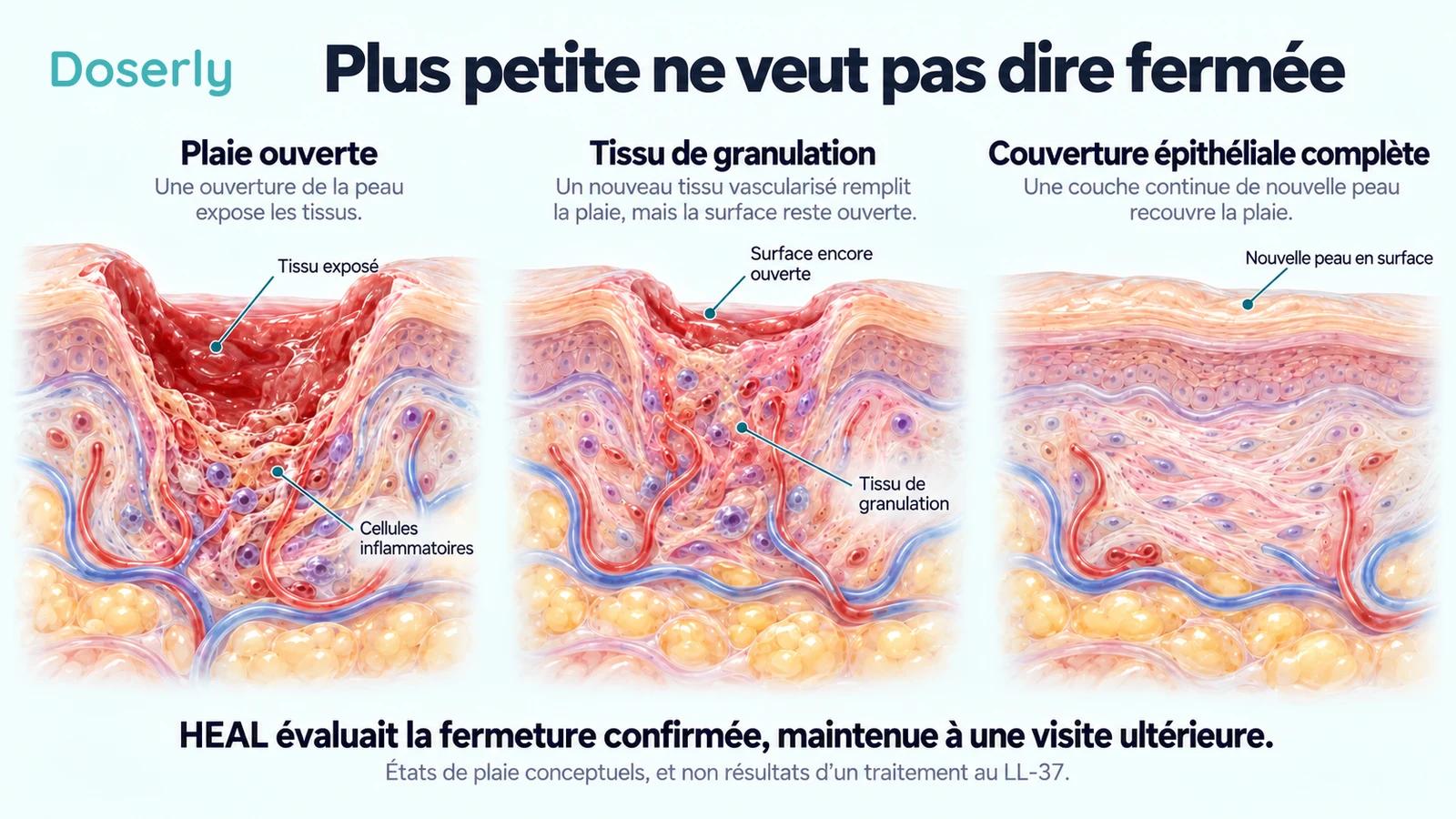 Trois coupes conceptuelles de la peau montrant une plaie ouverte, du tissu de granulation et une couverture épithéliale continue.