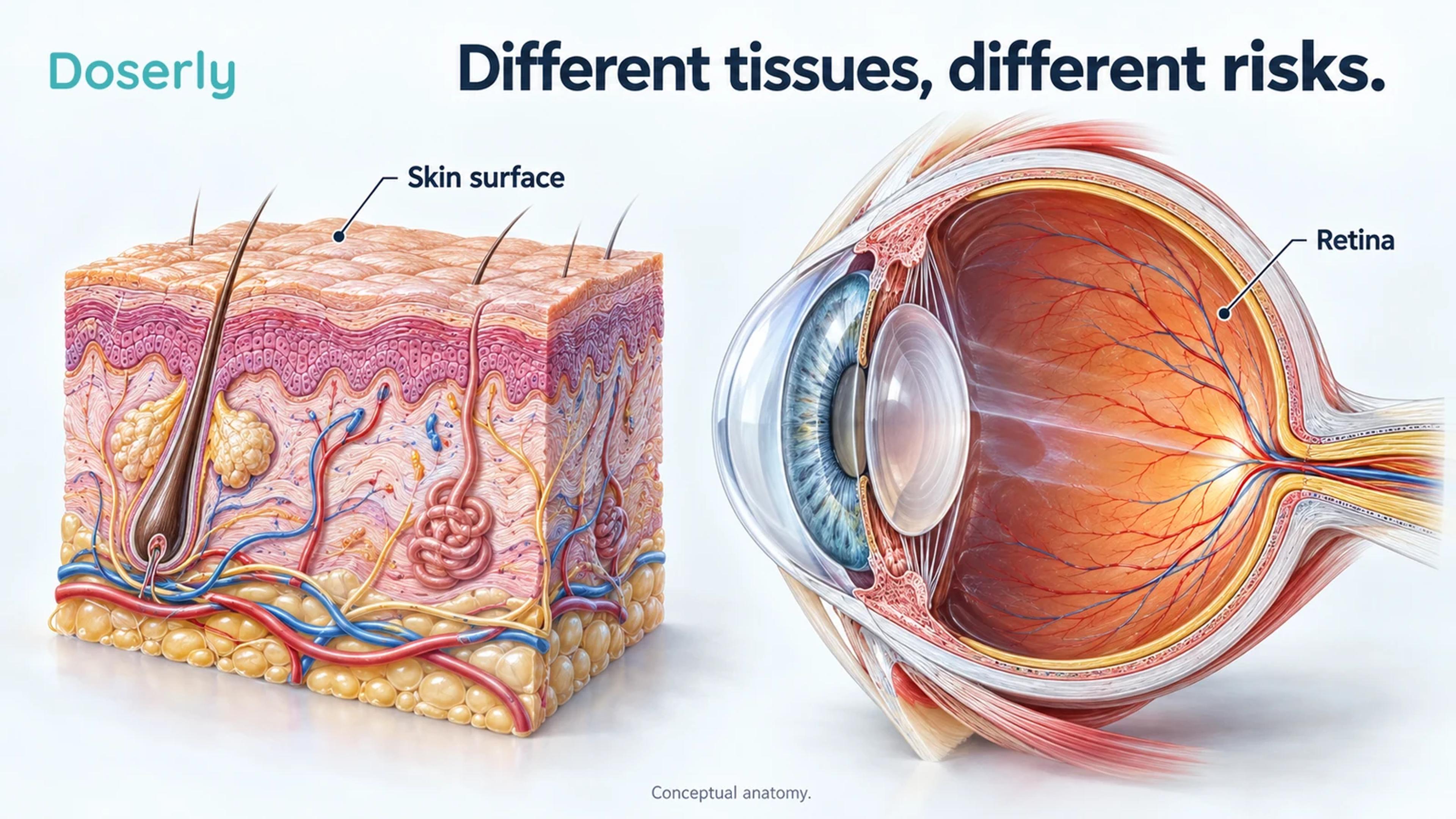 Separate skin and eye teaching models show the skin surface and the retina as different tissues.