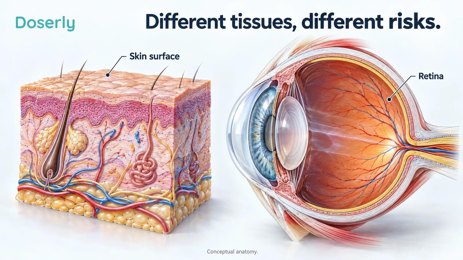Separate skin and eye teaching models show the skin surface and the retina as different tissues.