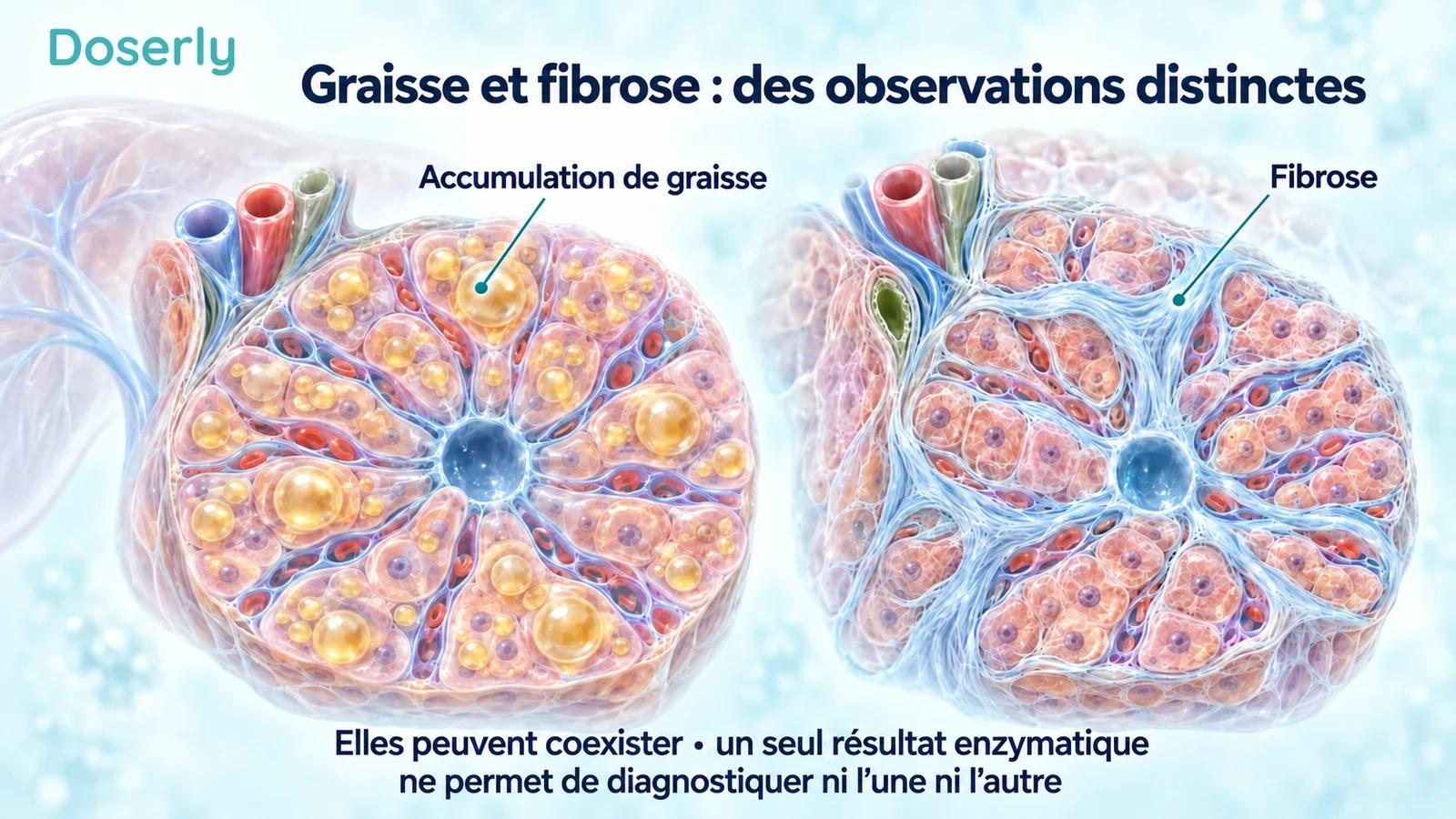 Deux illustrations détaillées du tissu hépatique comparent les gouttelettes de graisse dans les hépatocytes aux bandes fibreuses entre les cellules, sans suggérer un effet de traitement.