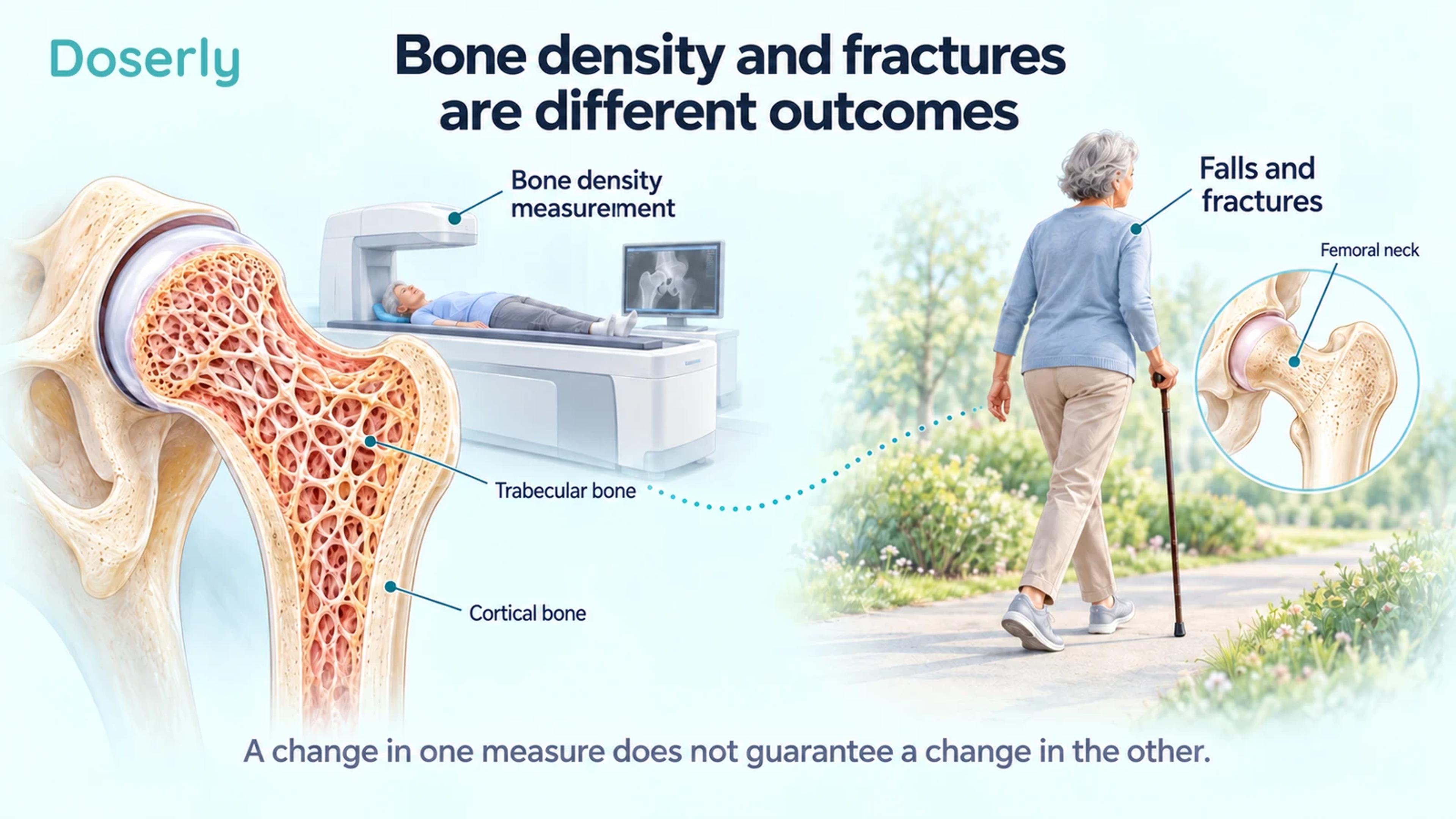 A detailed hip bone and DXA scanner are shown separately from an older adult walking with support, distinguishing bone density from fracture outcomes.