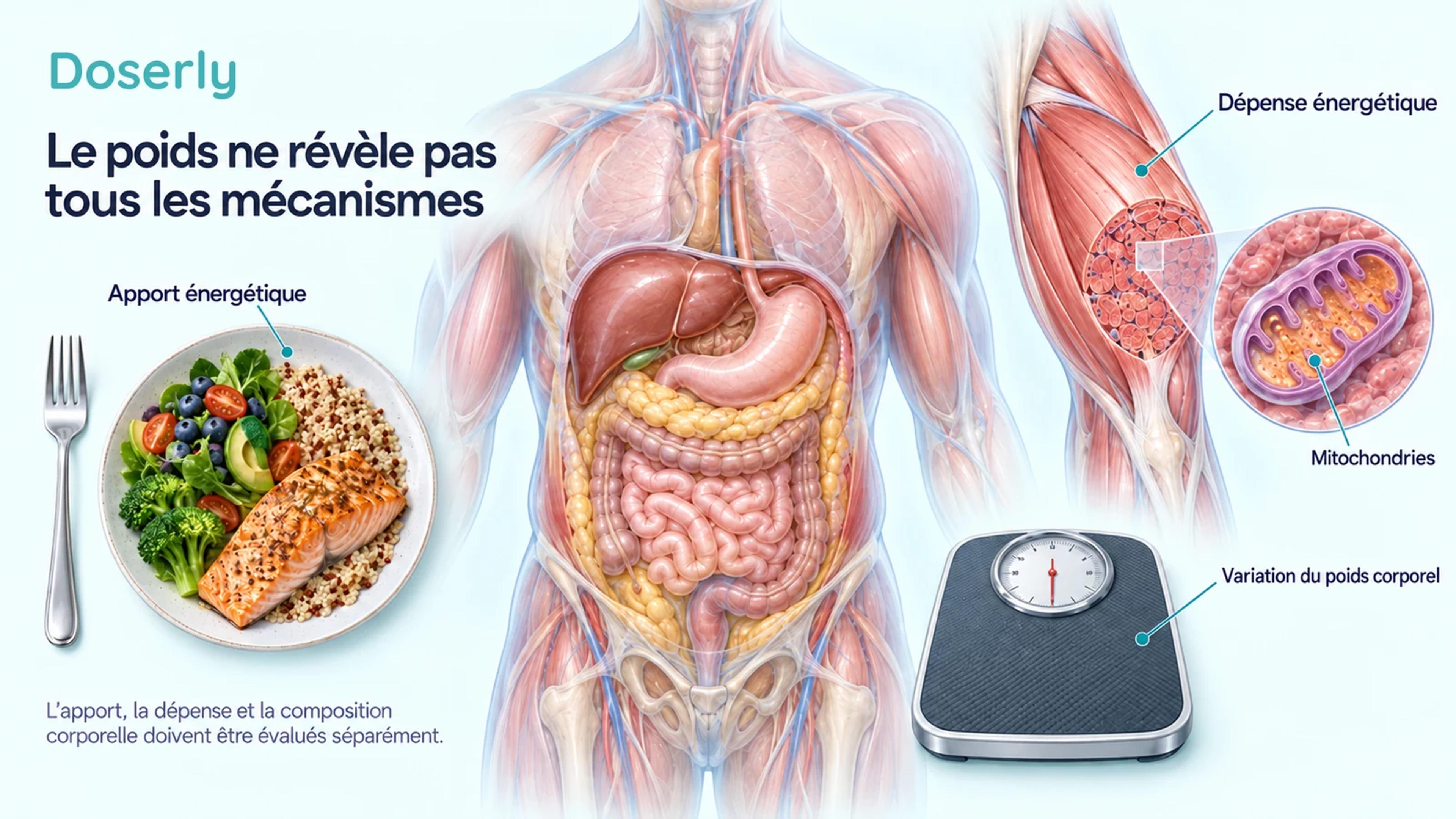 Illustration anatomique détaillée reliant un repas, les organes abdominaux, les fibres musculaires, les mitochondries et une balance aux concepts distincts d’apport, de dépense et de poids corporel.