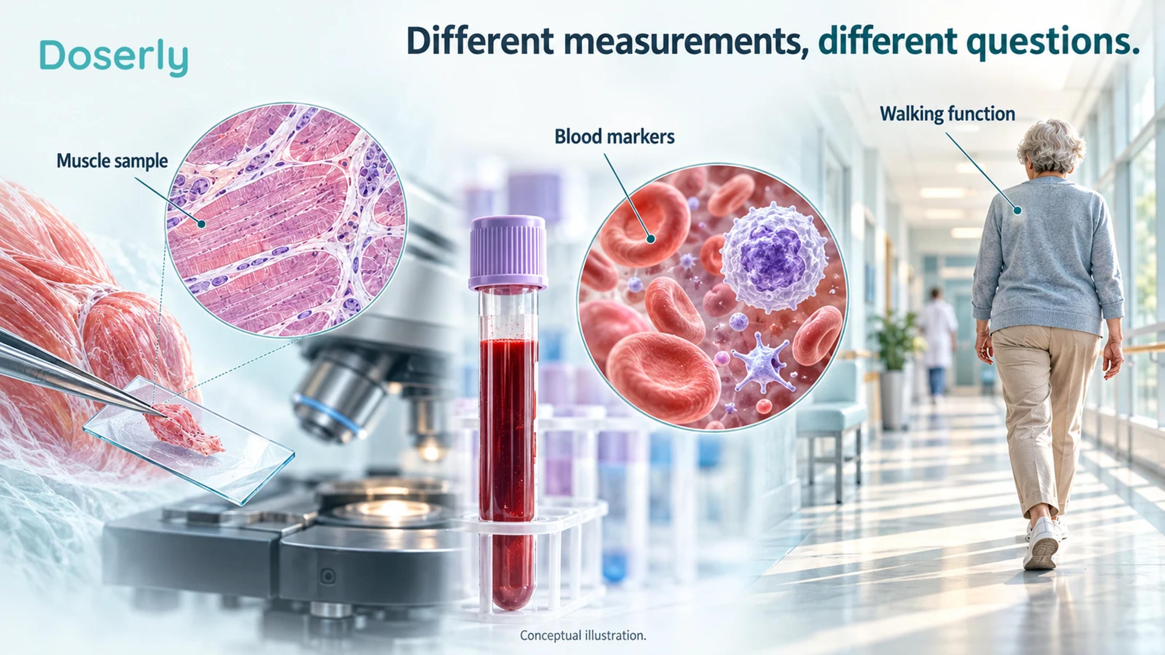 Conceptual comparison of a muscle biopsy, a blood sample and a supervised walking assessment.