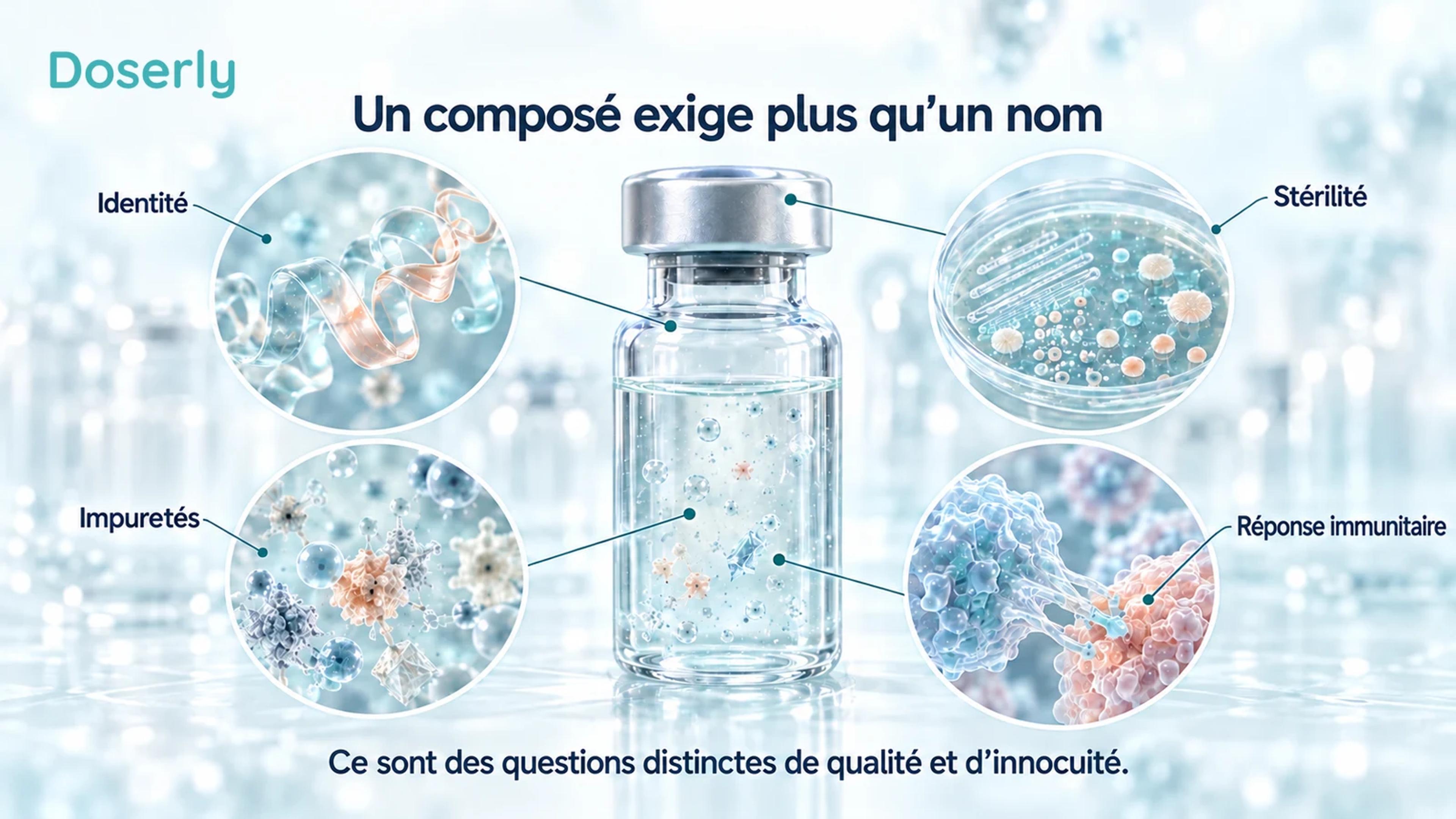 Fiole de recherche avec des vues agrandies représentant les questions d’identité, d’impuretés, d’analyses microbiologiques et de réponse immunitaire.