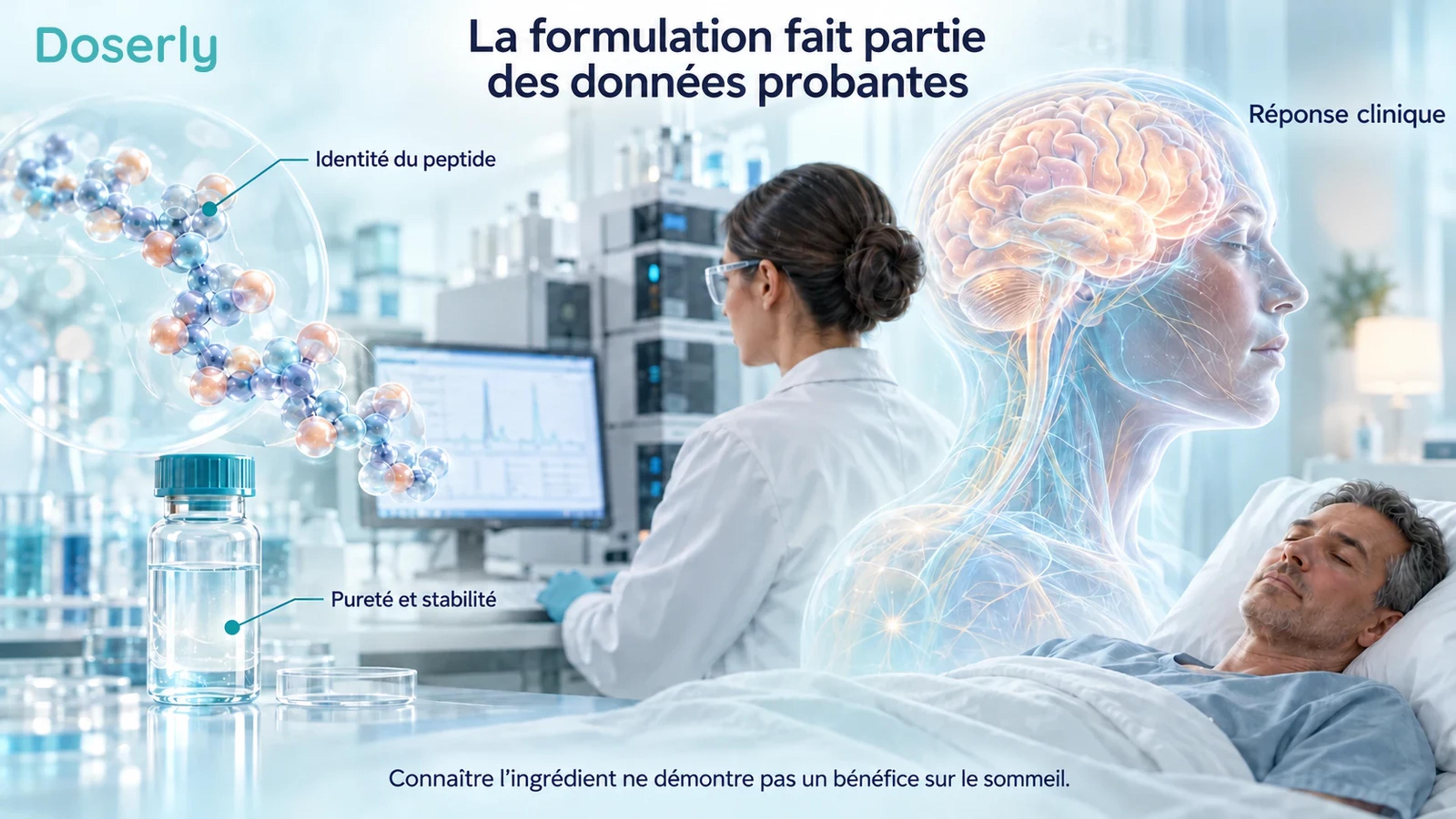 Un peptide abstrait, une scène de laboratoire d’analyse et une illustration conceptuelle distincte du sommeil.