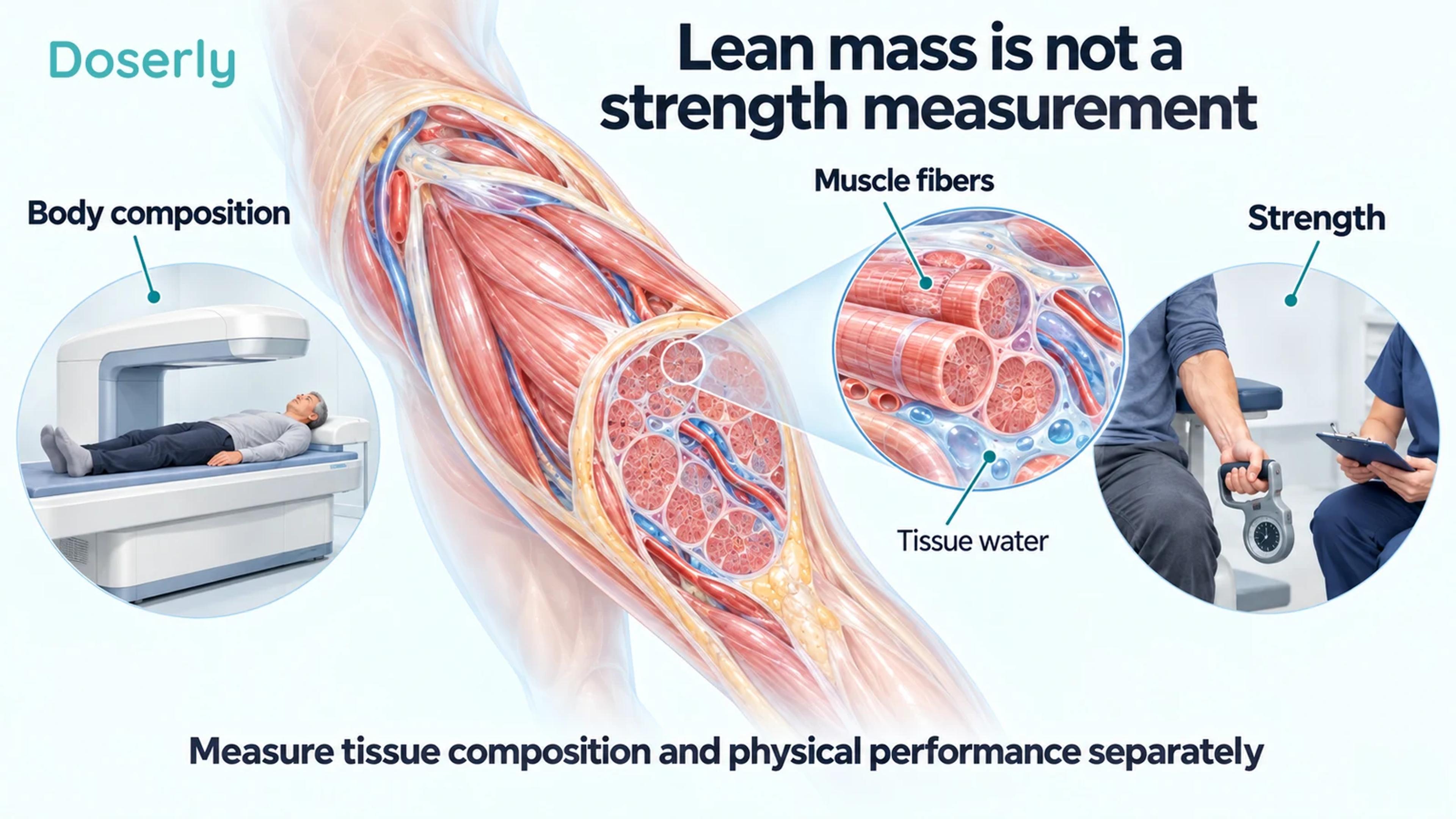 Detailed thigh muscle and tissue-water illustration between a DXA scan and a supervised hand-grip strength assessment.