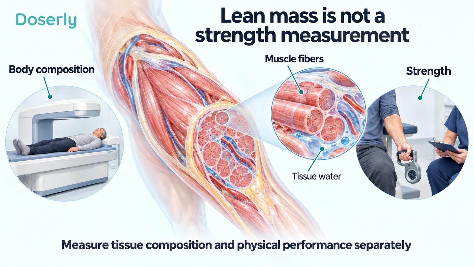Detailed thigh muscle and tissue-water illustration between a DXA scan and a supervised hand-grip strength assessment.