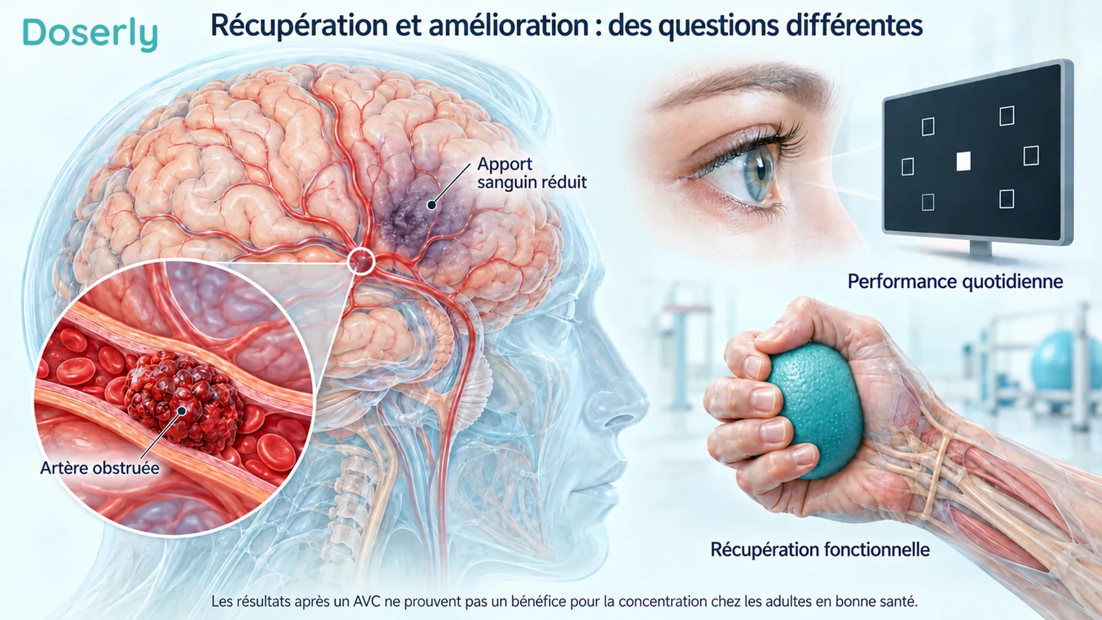 Cerveau détaillé et artère cérébrale obstruée à côté d’une main en réadaptation et d’une tâche distincte de performance quotidienne.