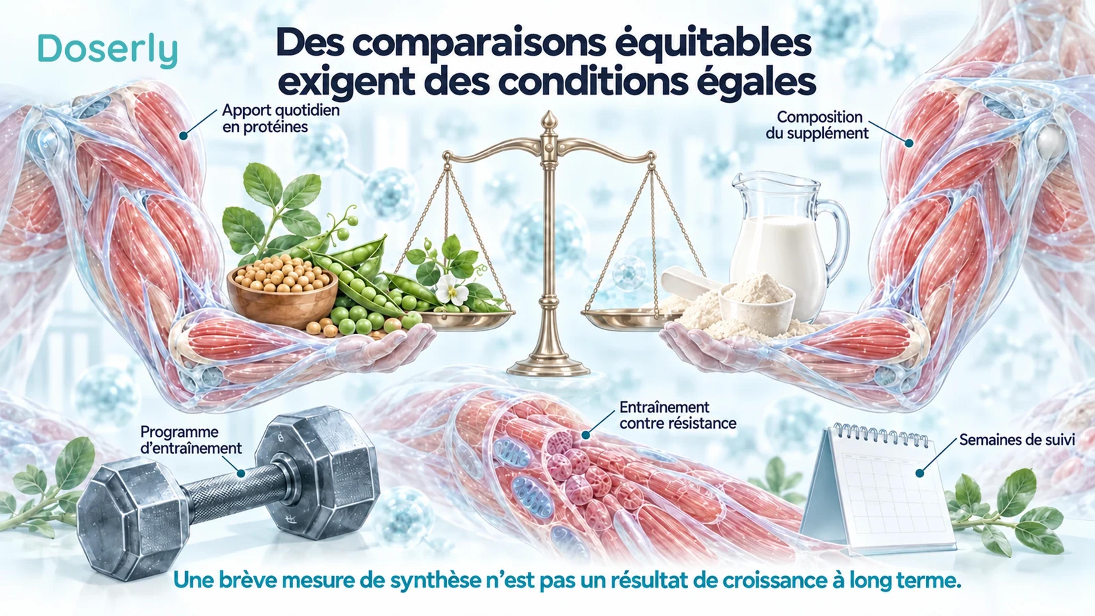 Des bras anatomiques identiques, des aliments protéinés, une balance, du matériel d’entraînement et un calendrier illustrent les facteurs à contrôler dans les comparaisons de protéines.
