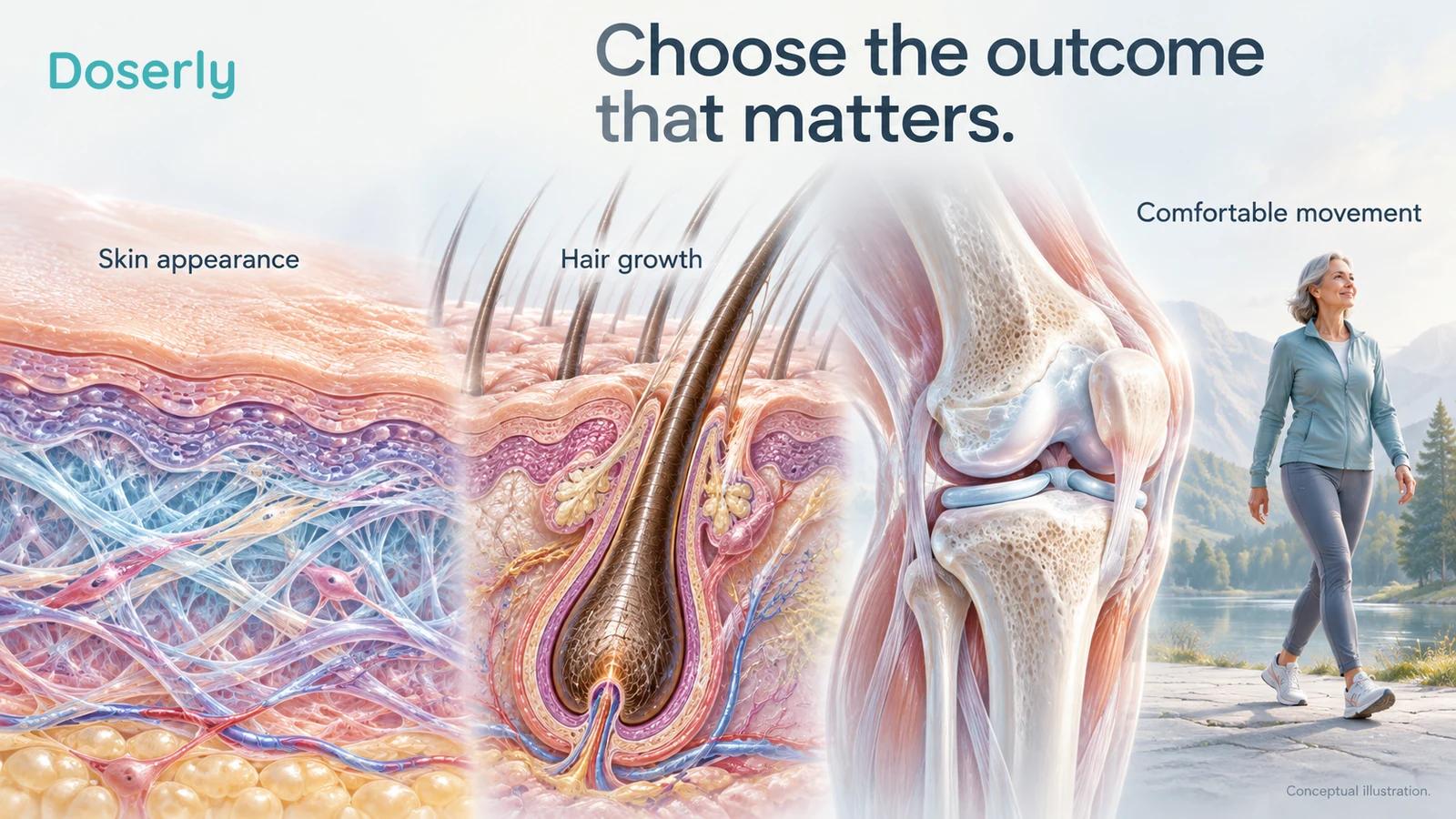 Detailed skin, scalp follicle and knee illustrations represent appearance, hair growth and comfortable movement as separate outcomes.