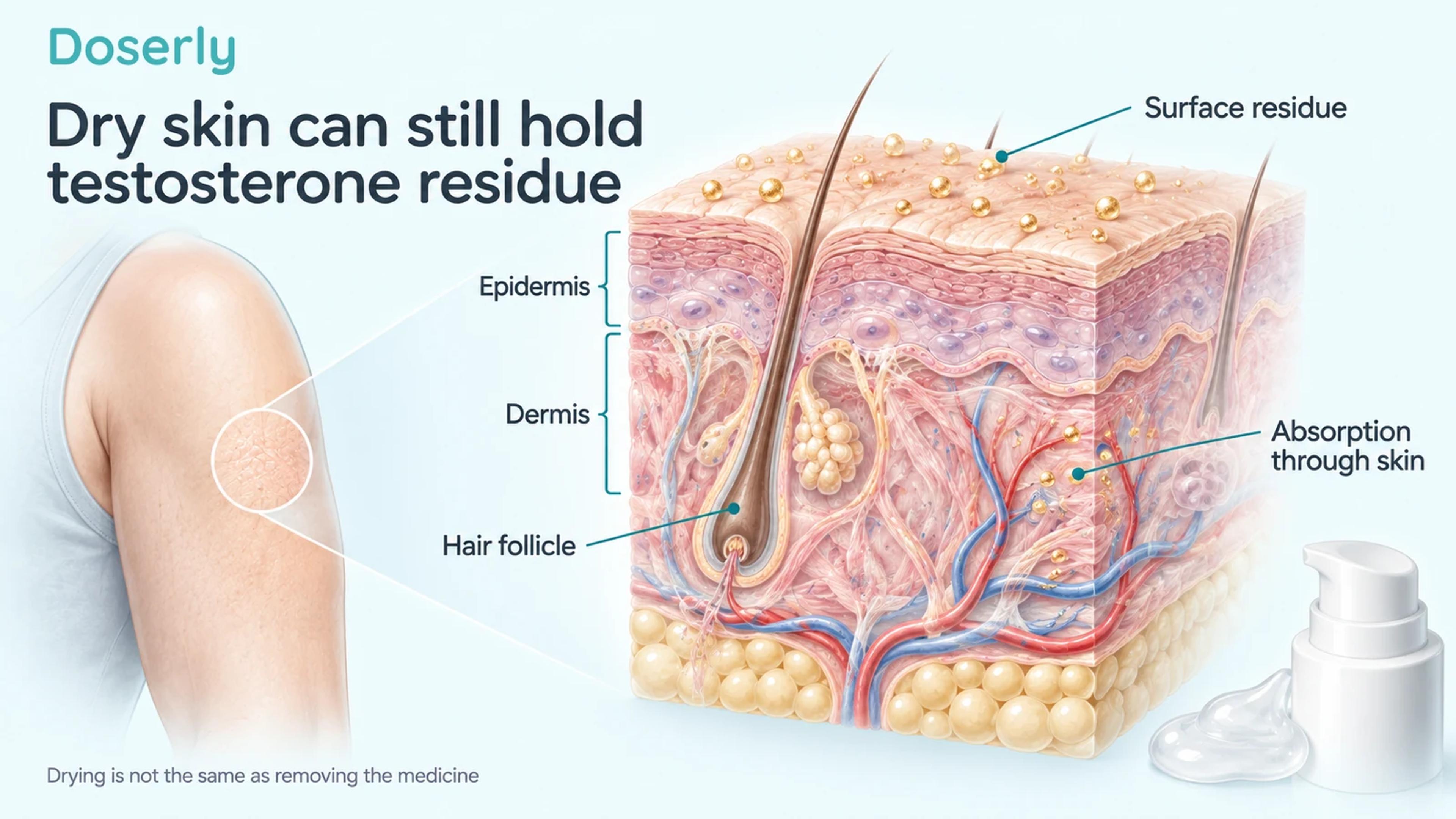 Detailed upper-arm skin layers show surface residue separately from absorption through skin.