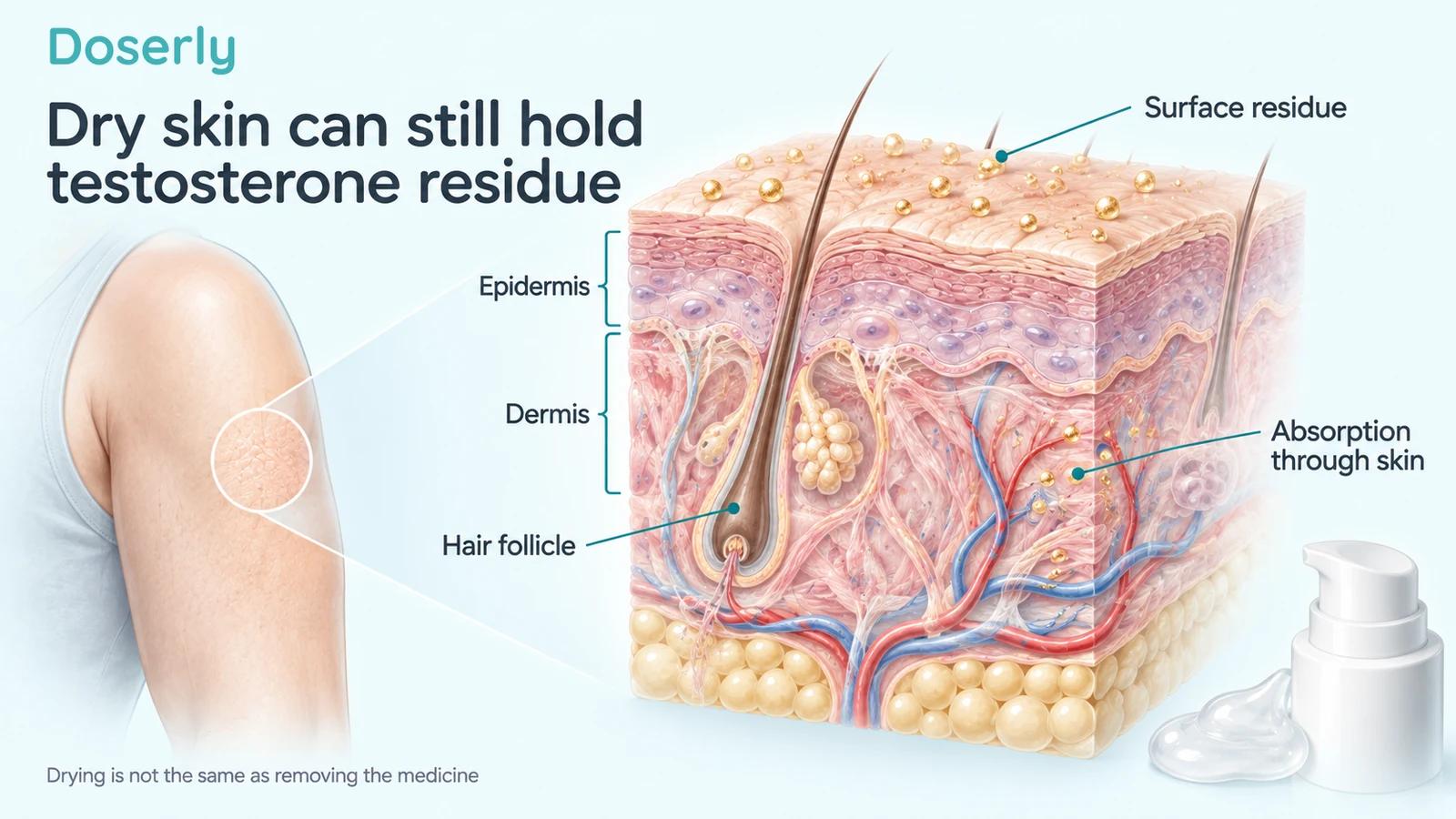 Detailed upper-arm skin layers show surface residue separately from absorption through skin.