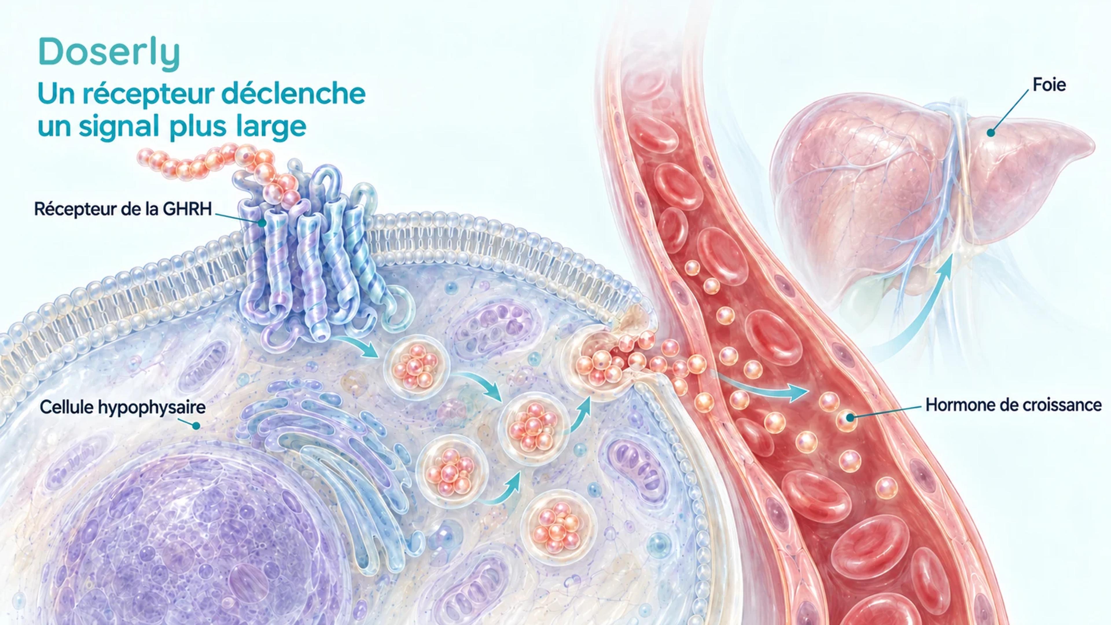 Des cellules hypophysaires détaillées reçoivent un signal du récepteur de la GHRH, tandis qu’un vaisseau sanguin transporte l’hormone de croissance libérée vers le foie.