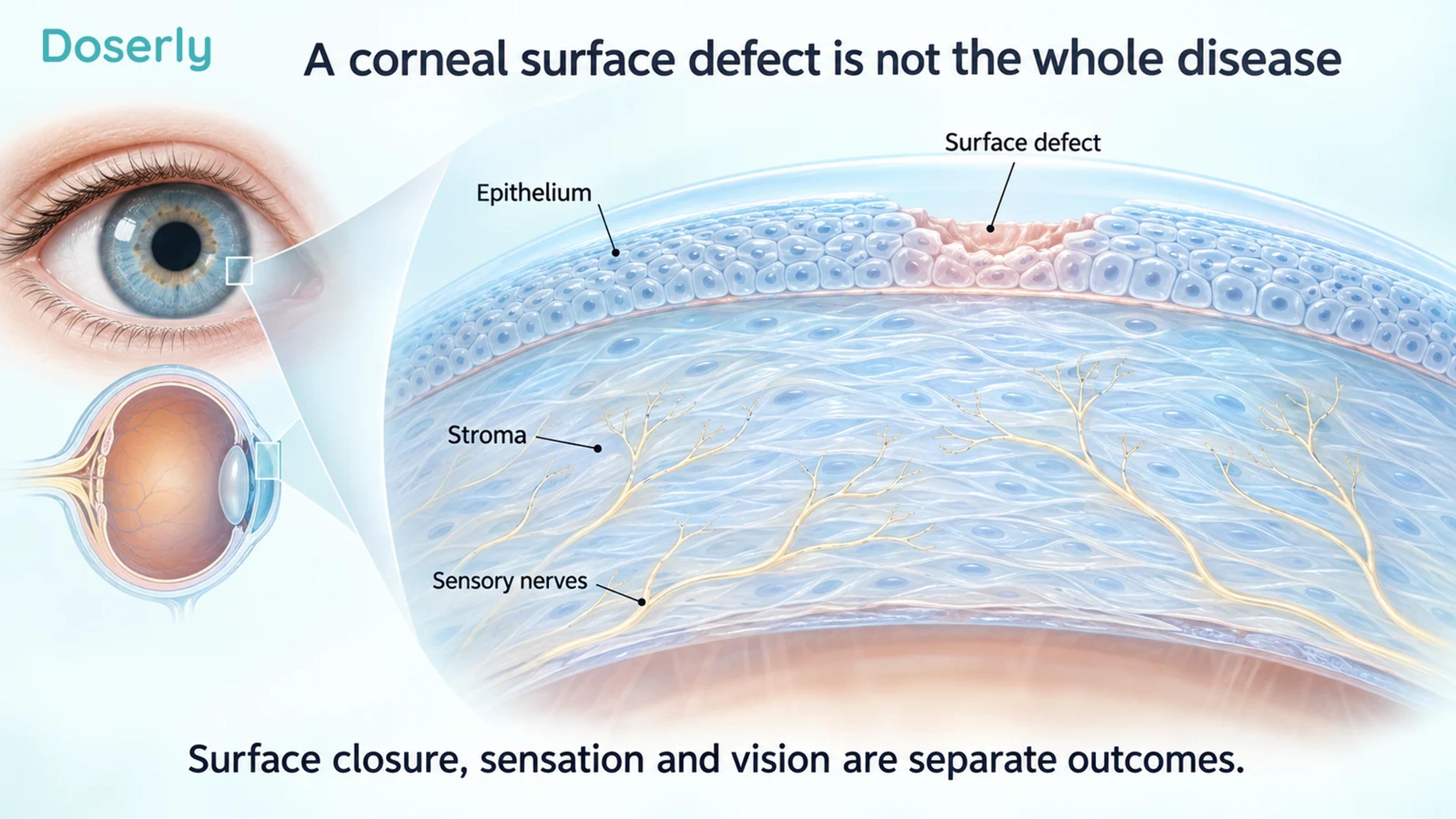 Corneal cross section shows an epithelial surface defect, underlying stroma and sensory nerves.