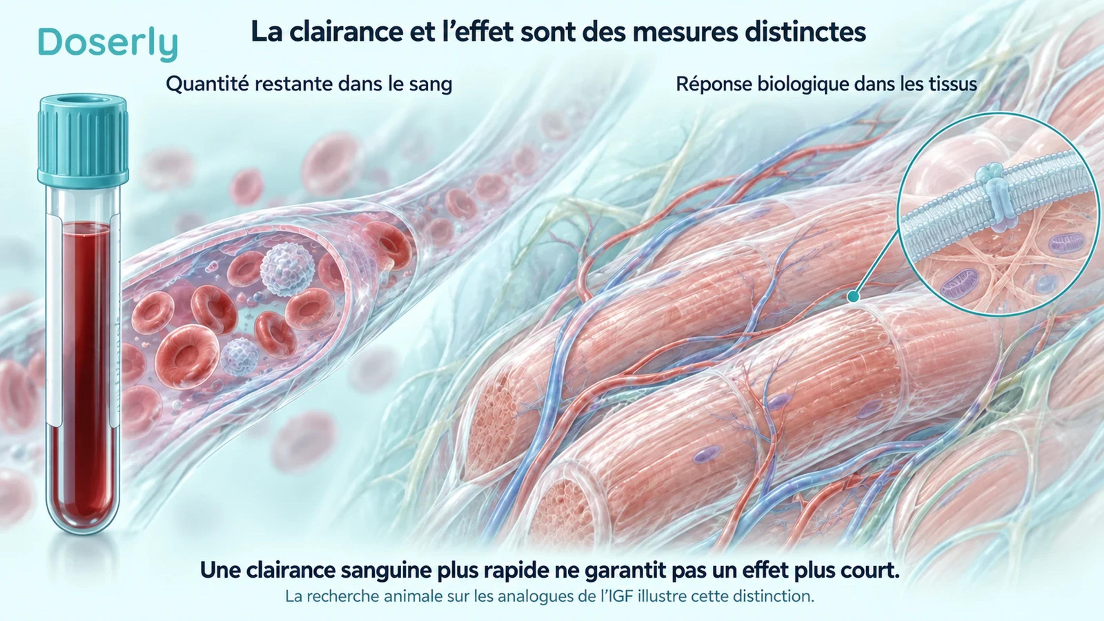 Échantillon de sang et vaisseau à côté d’un tissu musculaire détaillé, illustrant la concentration et la réponse biologique comme des mesures distinctes