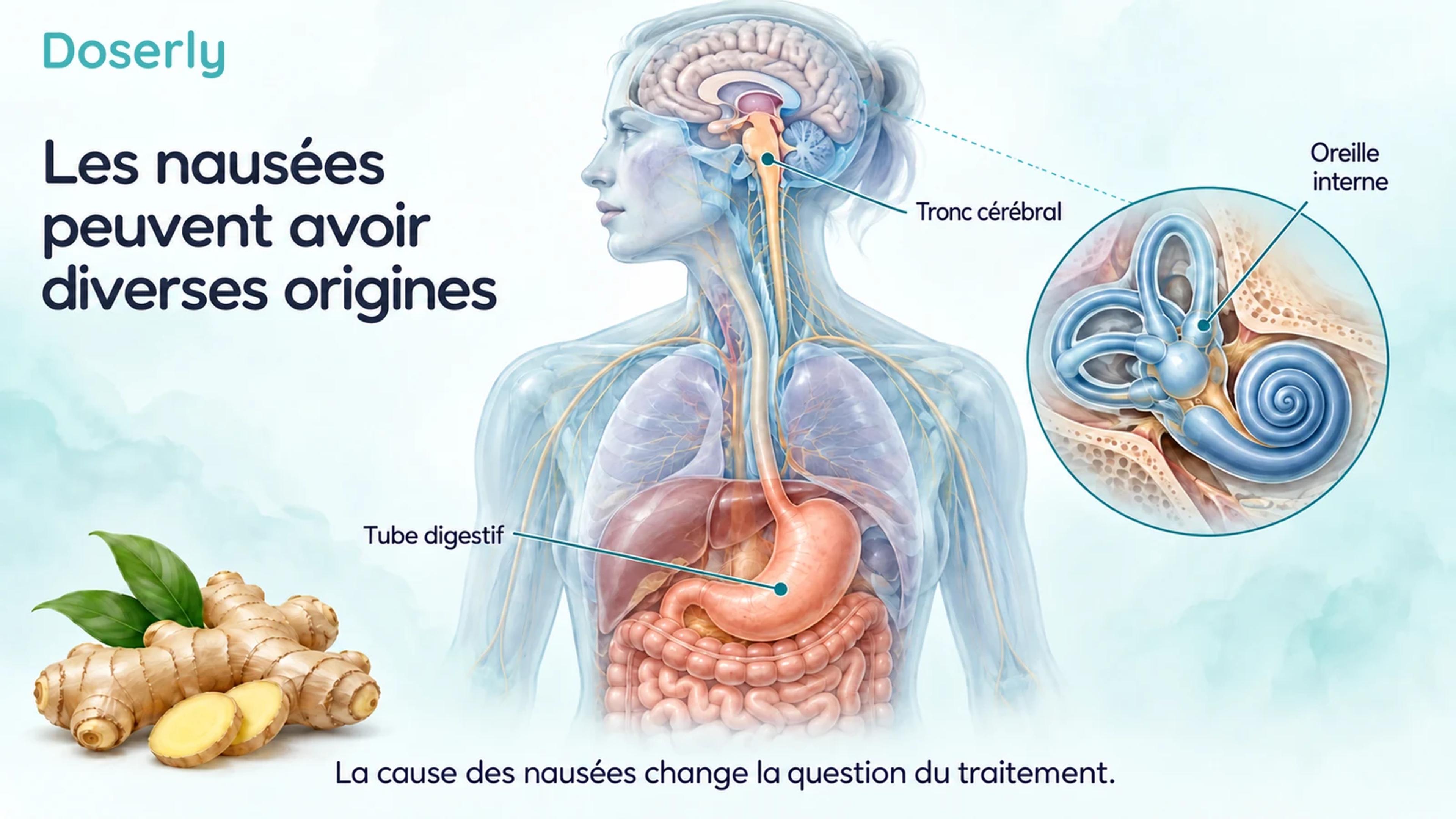Le haut d’un corps translucide montre l’estomac et le tronc cérébral à côté d’un agrandissement de l’oreille interne.