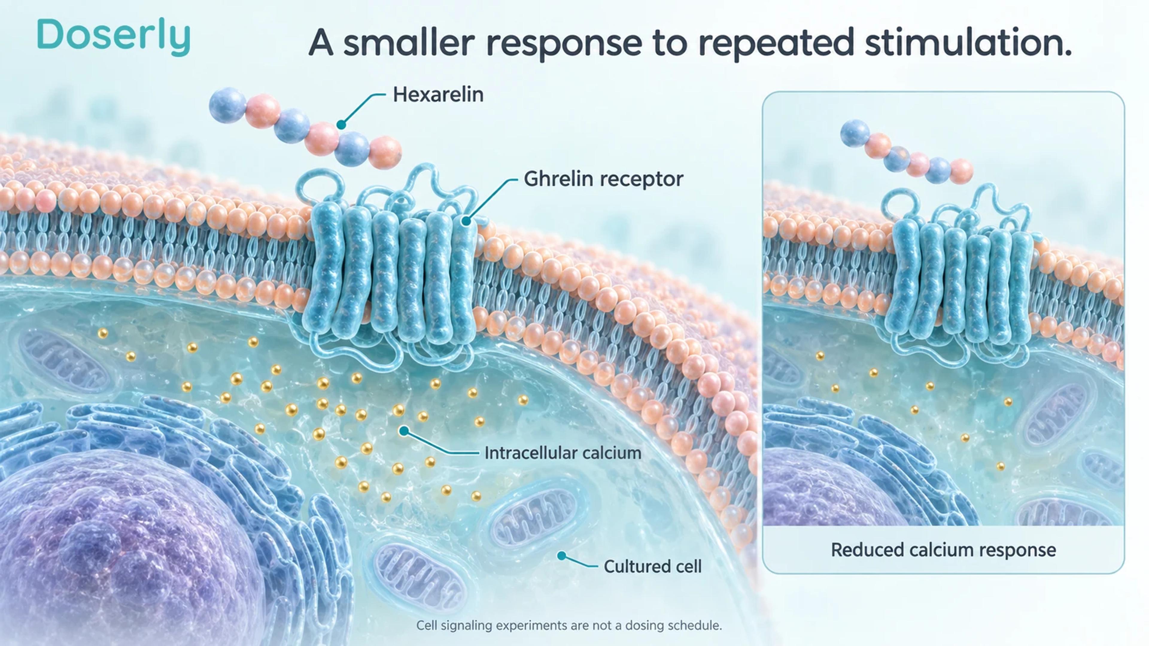 Cultured-cell membrane and ghrelin receptor with conceptual intracellular calcium responses before and after repeated stimulation