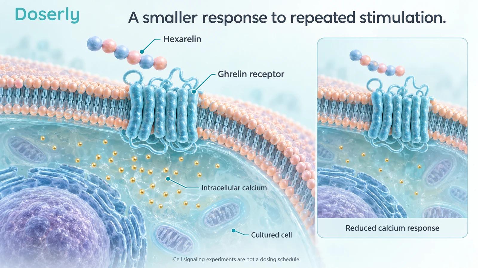 Cultured-cell membrane and ghrelin receptor with conceptual intracellular calcium responses before and after repeated stimulation