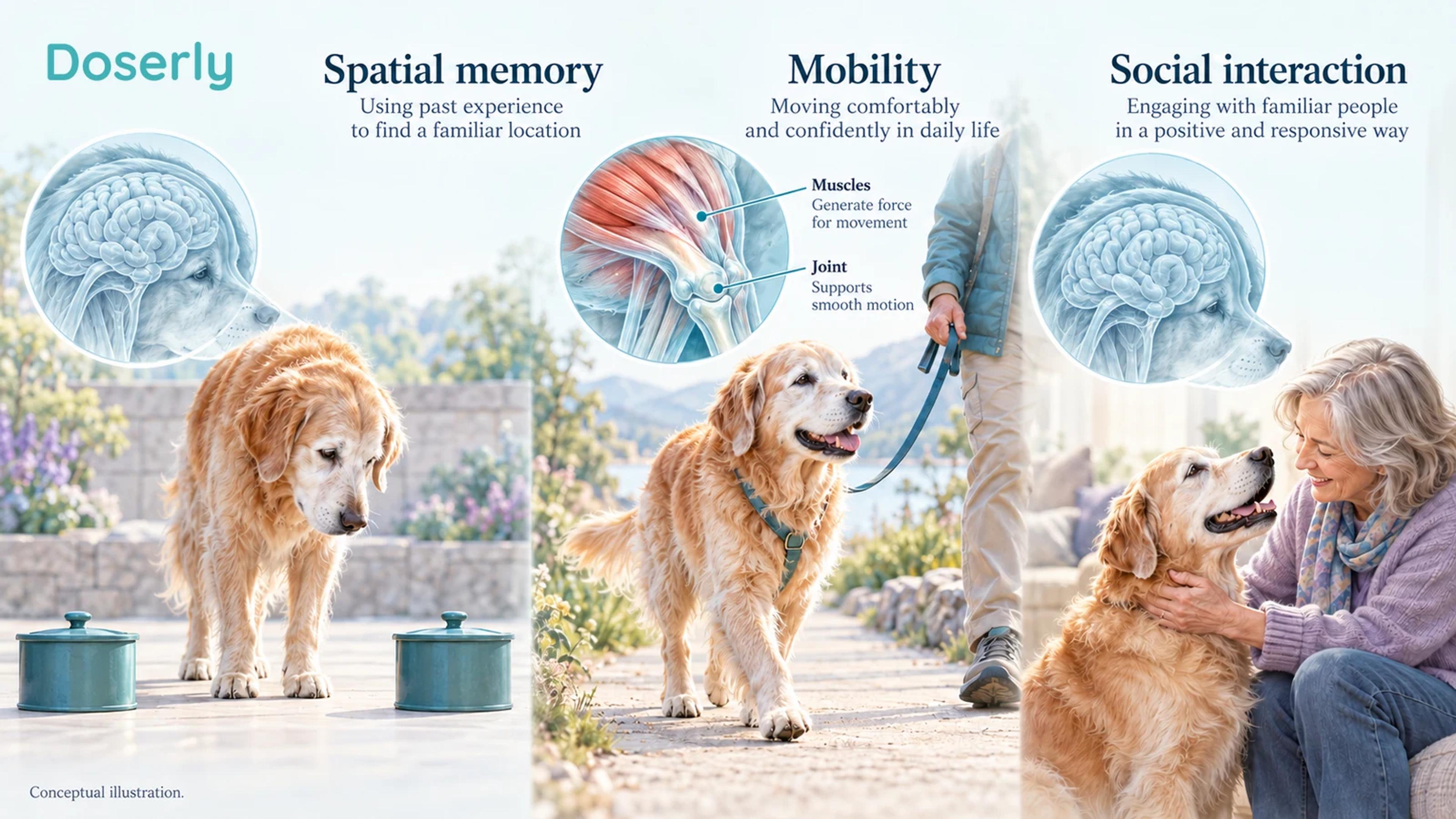 Older dog completing a simple spatial-memory task with two covered containers, plus calm mobility and social-interaction vignettes