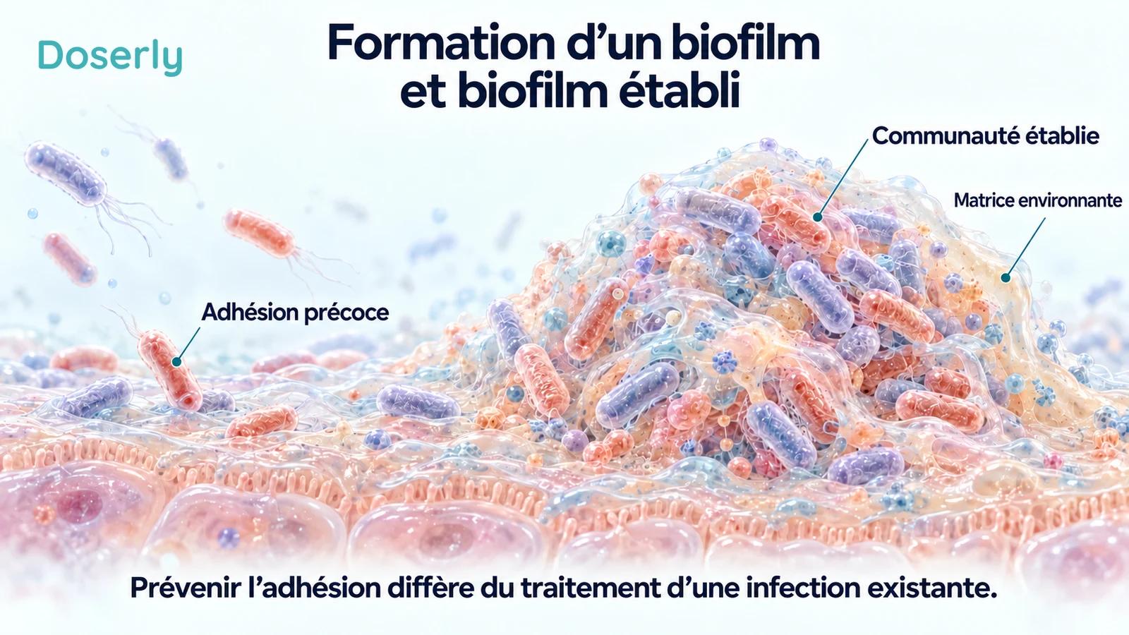 L’adhésion bactérienne précoce et une communauté mature associée à une matrice sont illustrées sur une surface tissulaire conceptuelle.