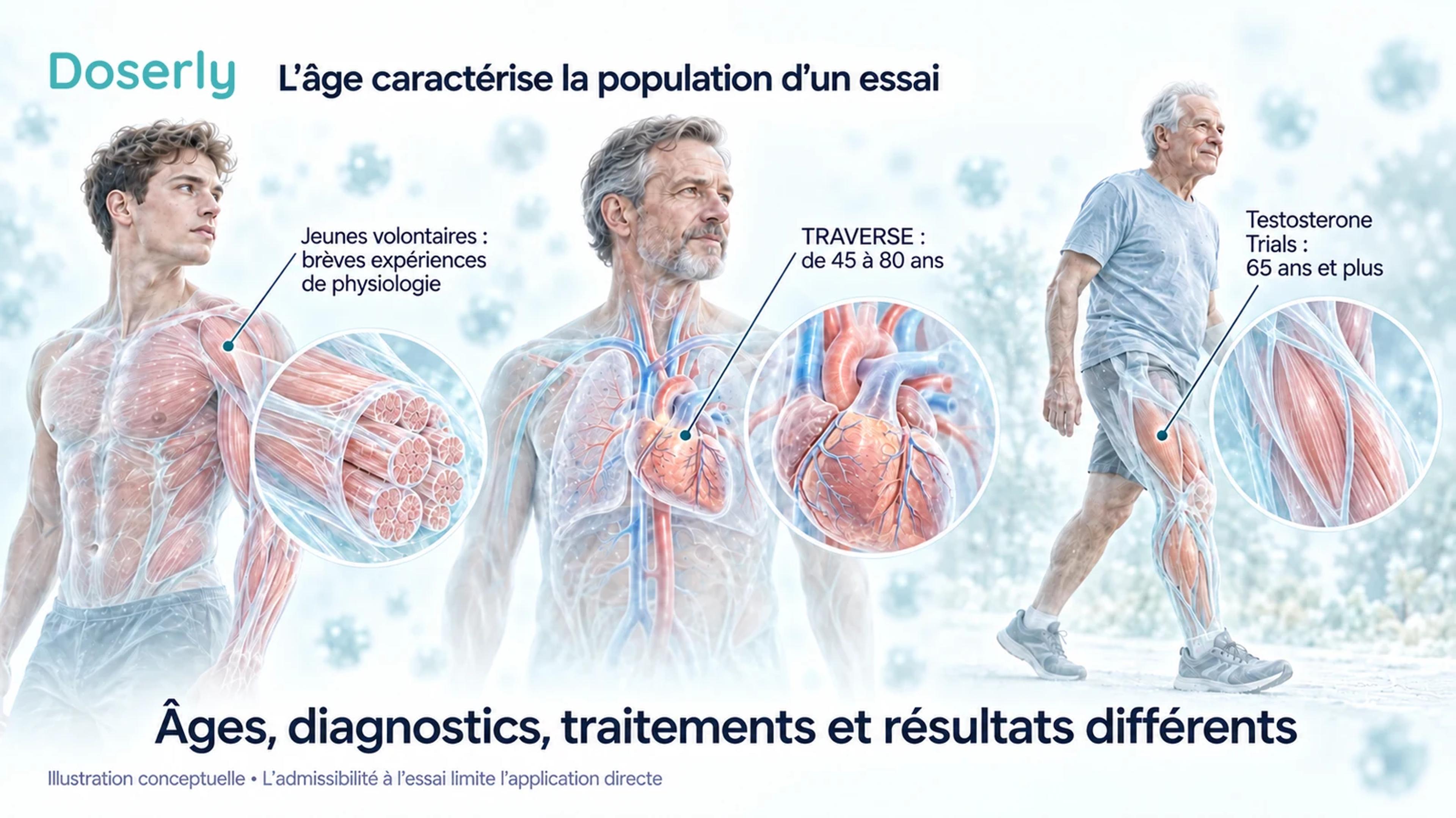 Des figures d’atlas médical distinguent les jeunes volontaires des études de physiologie, les participants de TRAVERSE âgés de 45 à 80 ans et ceux des Testosterone Trials âgés de 65 ans et plus.