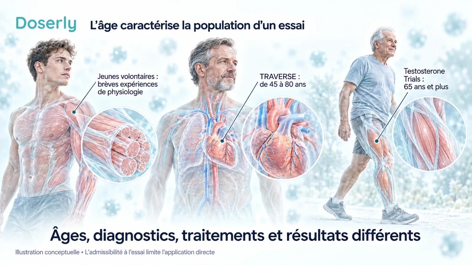 Des figures d’atlas médical distinguent les jeunes volontaires des études de physiologie, les participants de TRAVERSE âgés de 45 à 80 ans et ceux des Testosterone Trials âgés de 65 ans et plus.