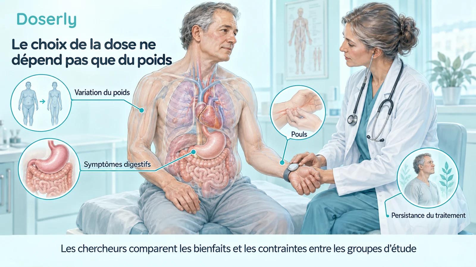 Une évaluation clinique illustrée réunit le poids, les symptômes digestifs, le pouls et la persistance du traitement.