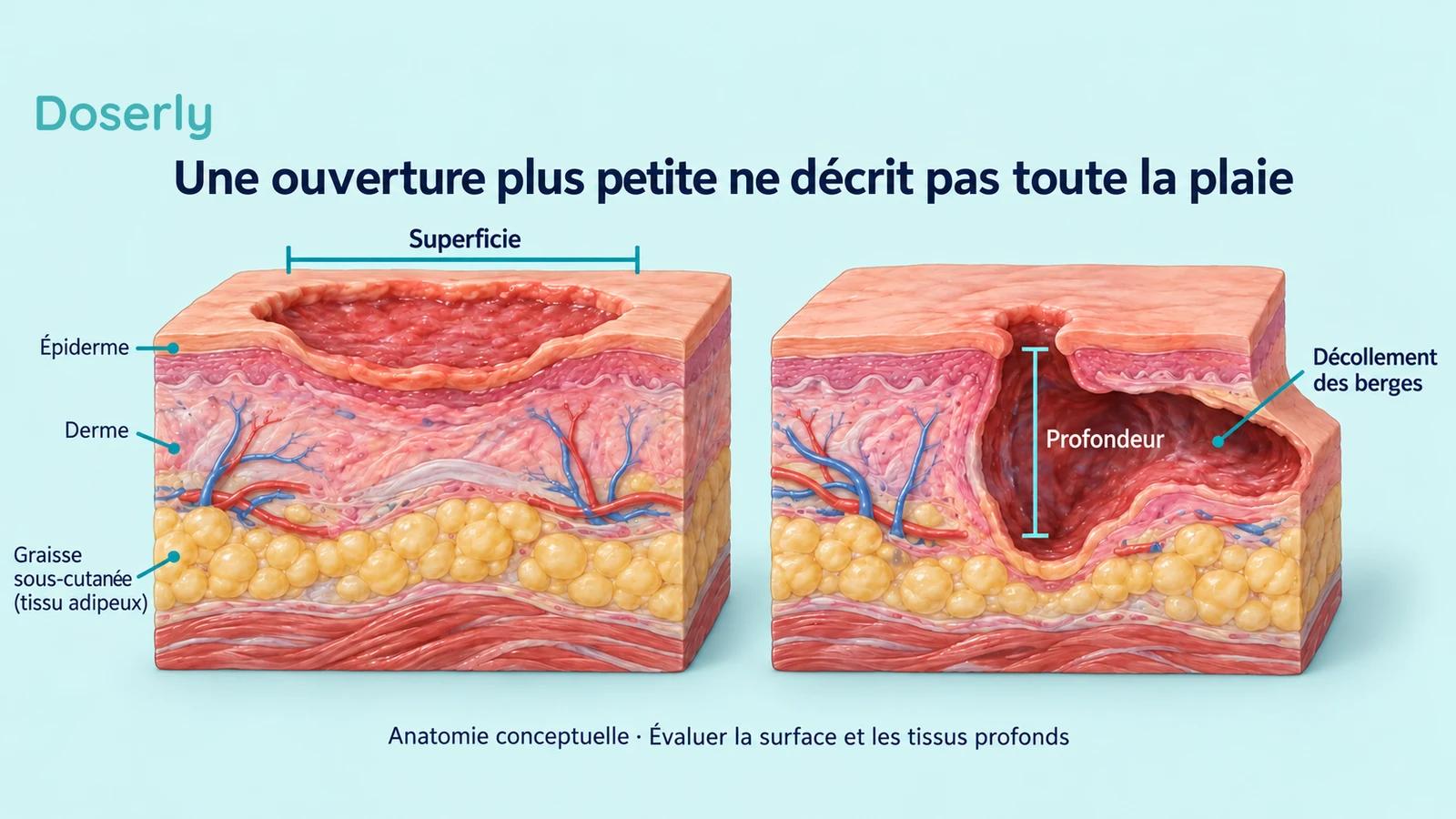 Deux coupes de peau illustrent une plaie large et peu profonde et une plaie étroite avec une cavité plus profonde et une berge décollée.