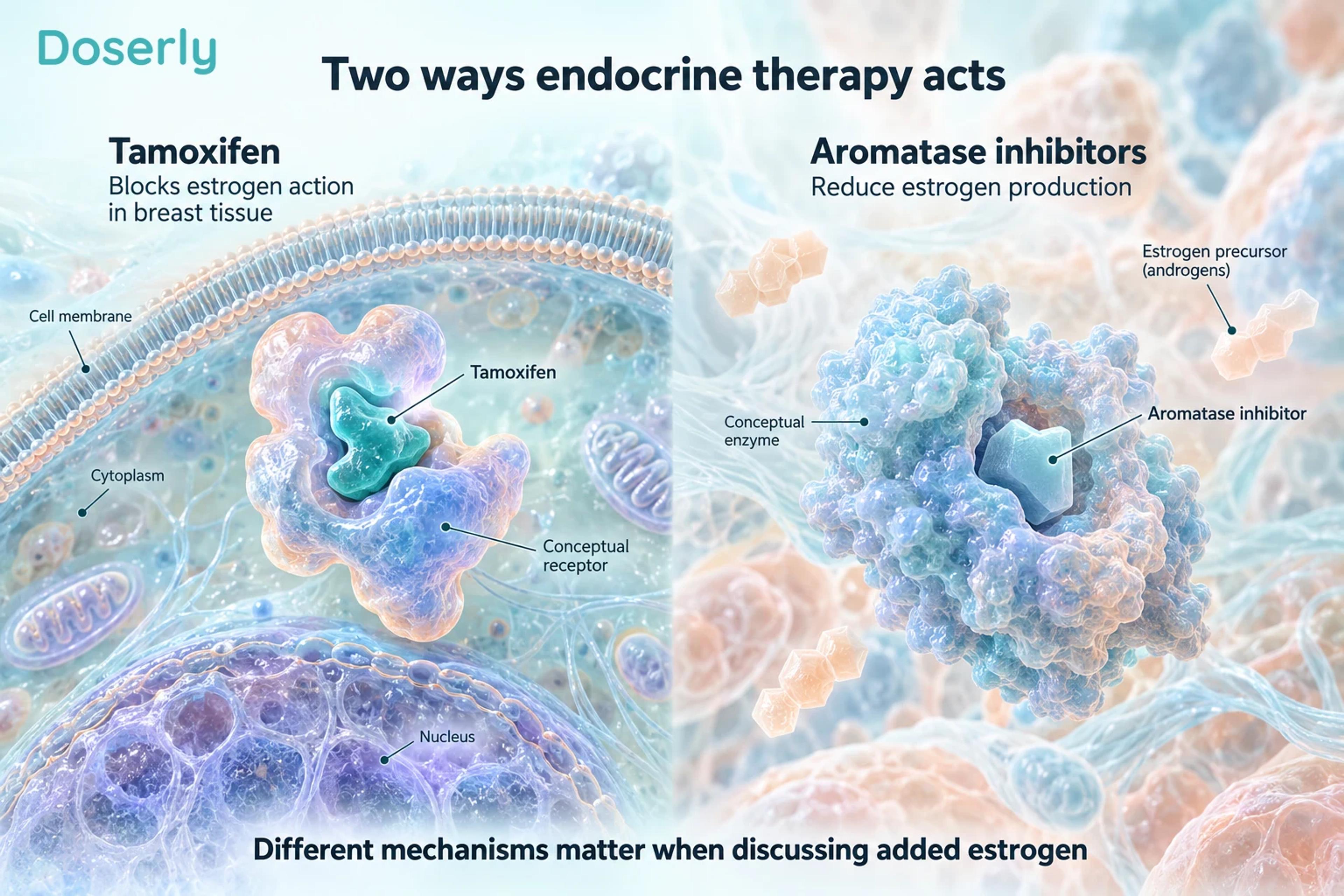 Conceptual receptor blockade by tamoxifen and enzyme inhibition by an aromatase inhibitor.