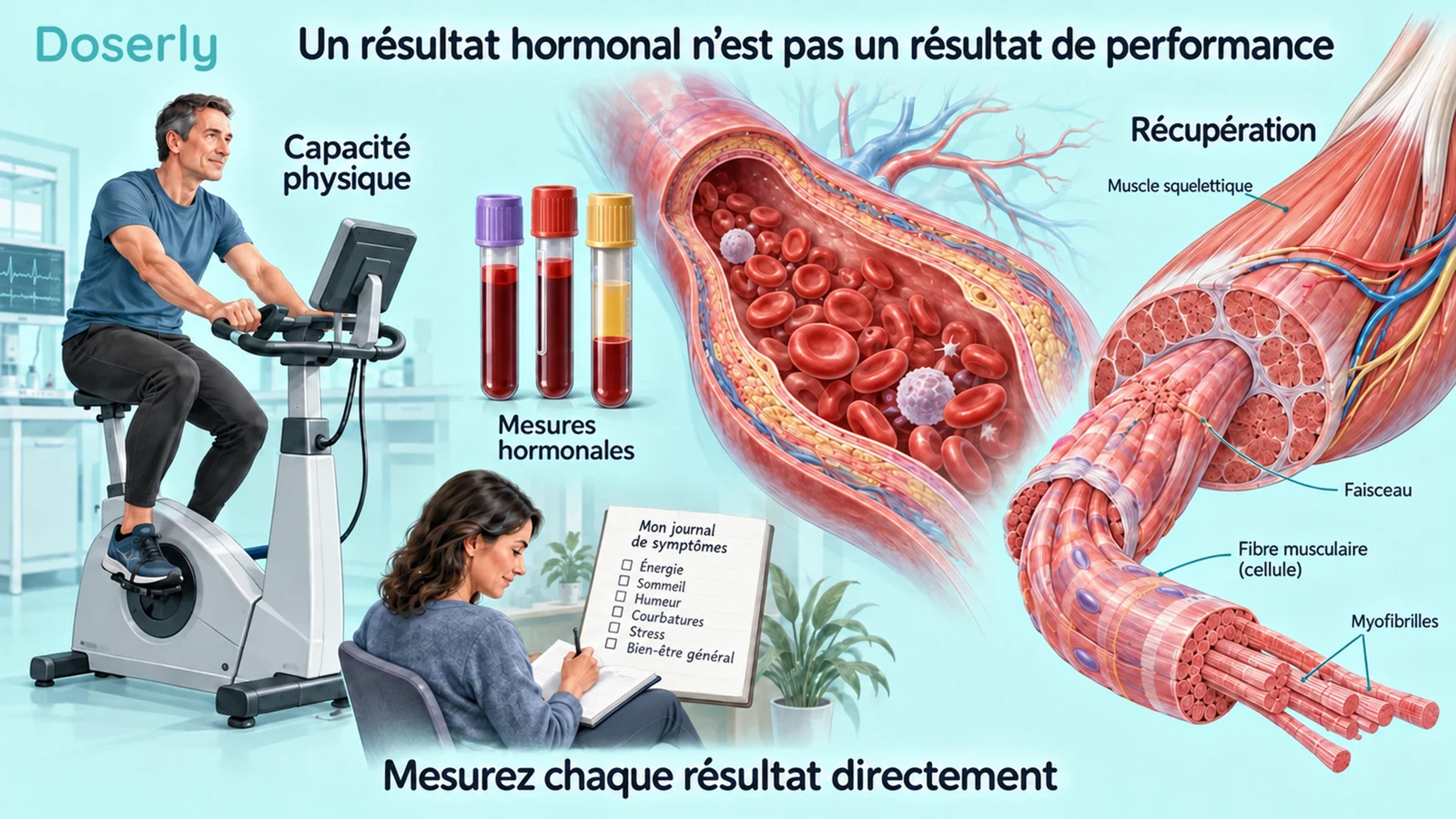 Une illustration d’un cycliste, de tubes de prélèvement sanguin et d’un encadré de fibres musculaires distingue la mesure hormonale de la performance physique et de la récupération.