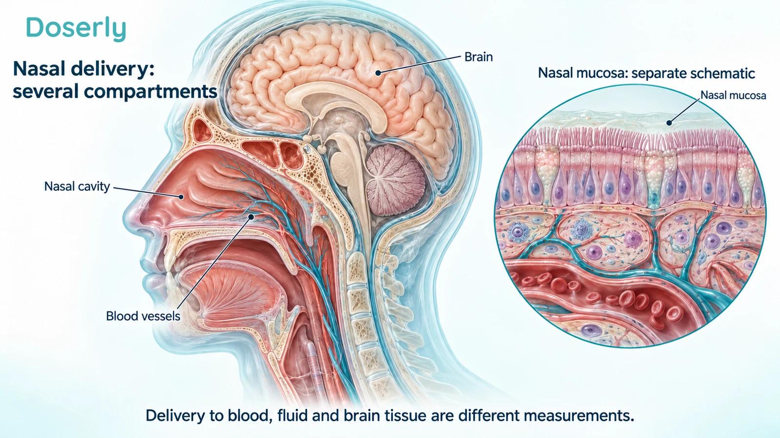Sagittal head anatomy showing the nasal cavity, brain and blood vessels beside a separate nasal-mucosa schematic.