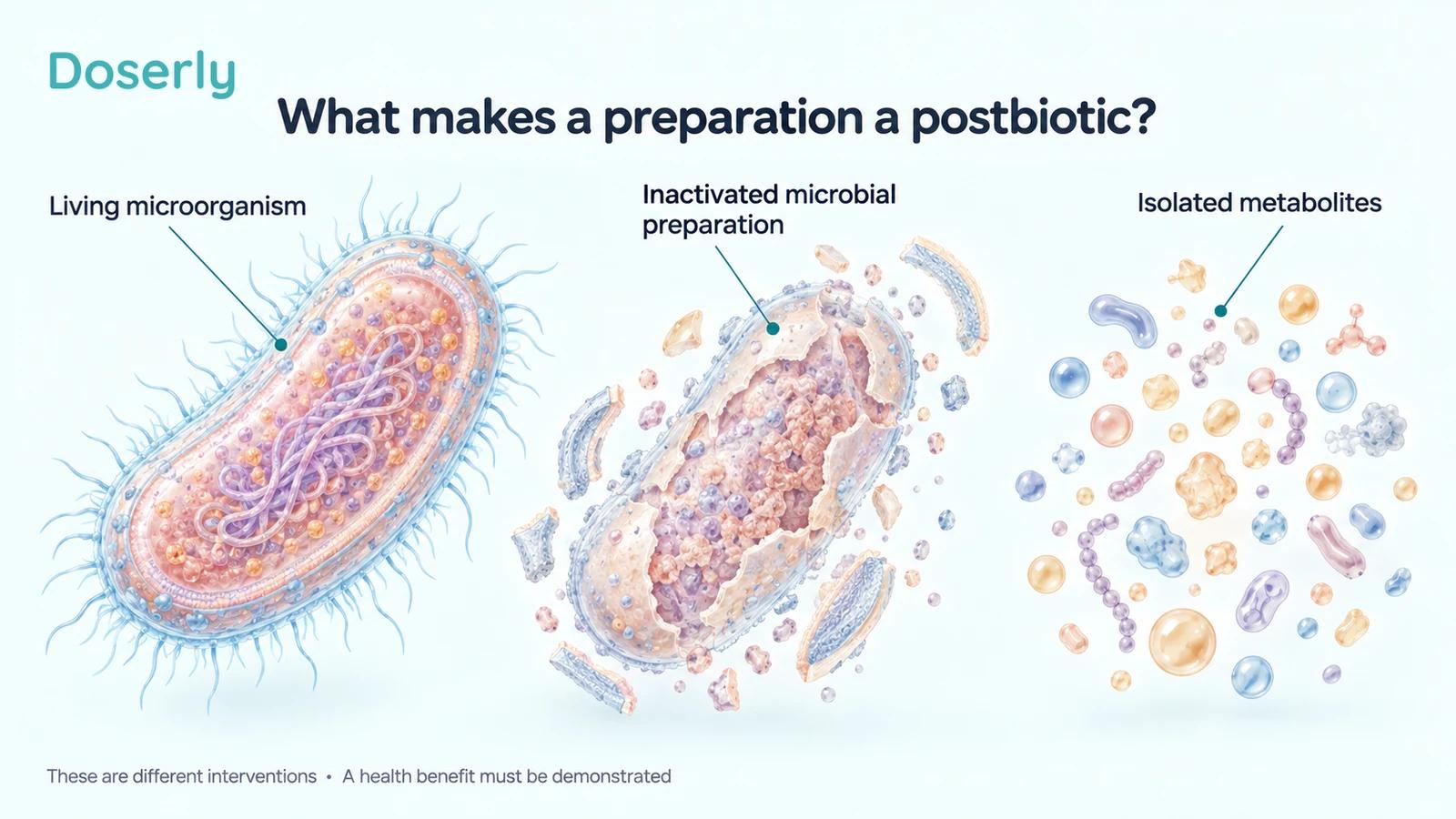 Conceptual illustrations of a living bacterial cell, an inactivated microbial preparation containing cells and fragments, and separate isolated metabolites.