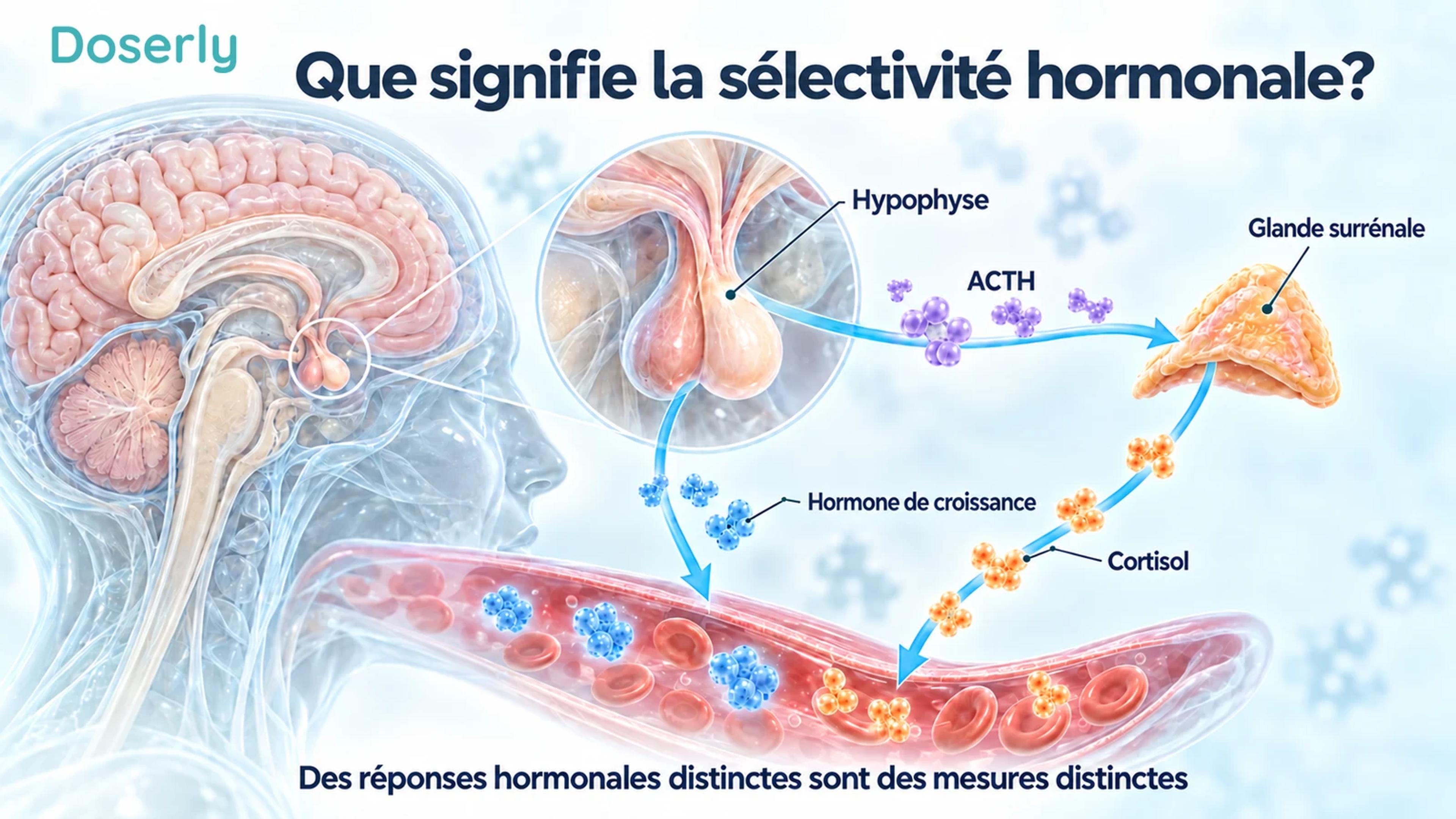 Coupe du cerveau et de l’hypophyse montrant les voies distinctes de l’hormone de croissance et de l’ACTH, avec une glande surrénale isolée libérant du cortisol dans un vaisseau sanguin schématique.
