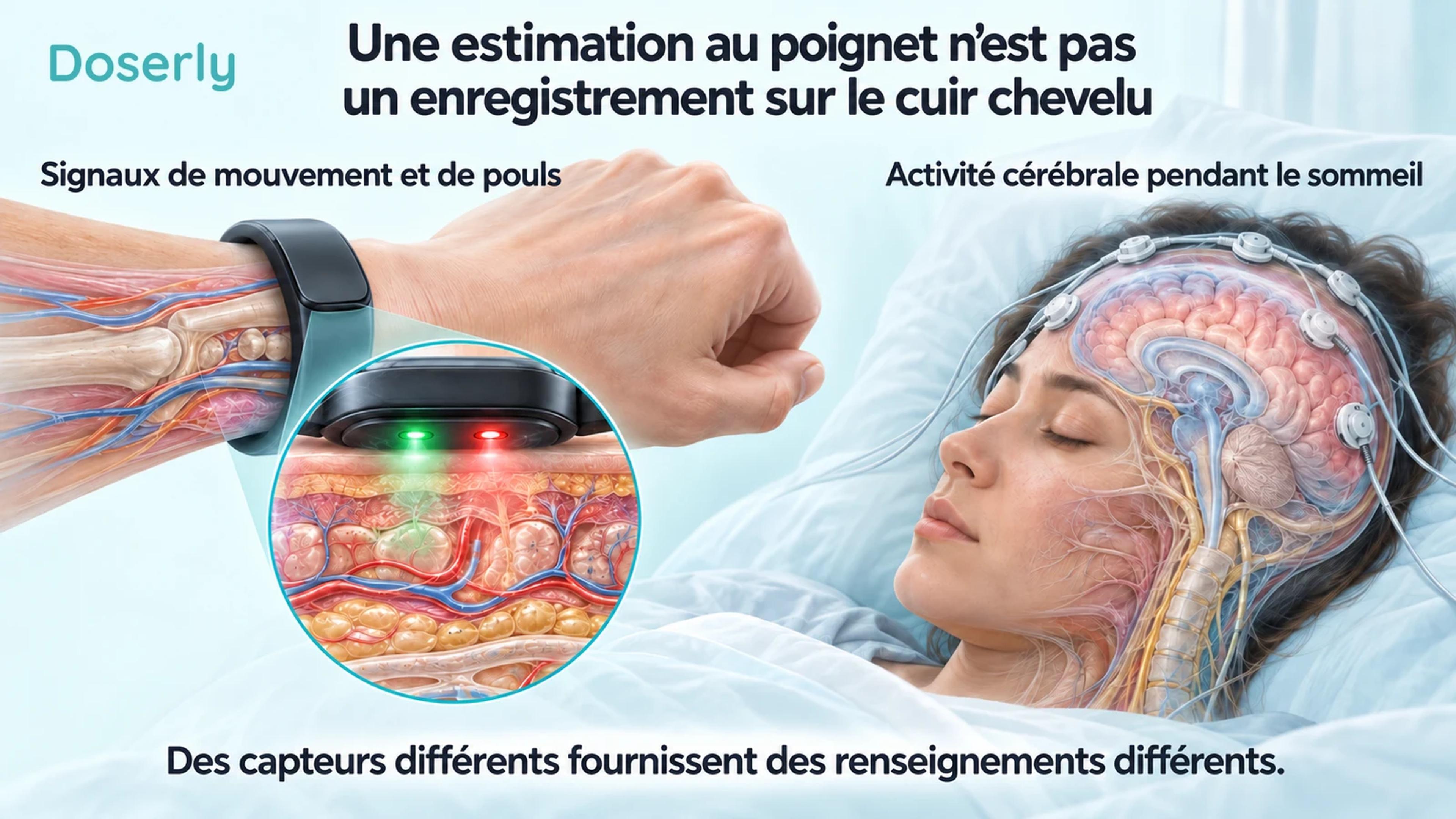 Un moniteur au poignet et une illustration agrandie du capteur cutané, à côté d’électrodes d’EEG sur le cuir chevelu d’une personne endormie participant à l’étude.