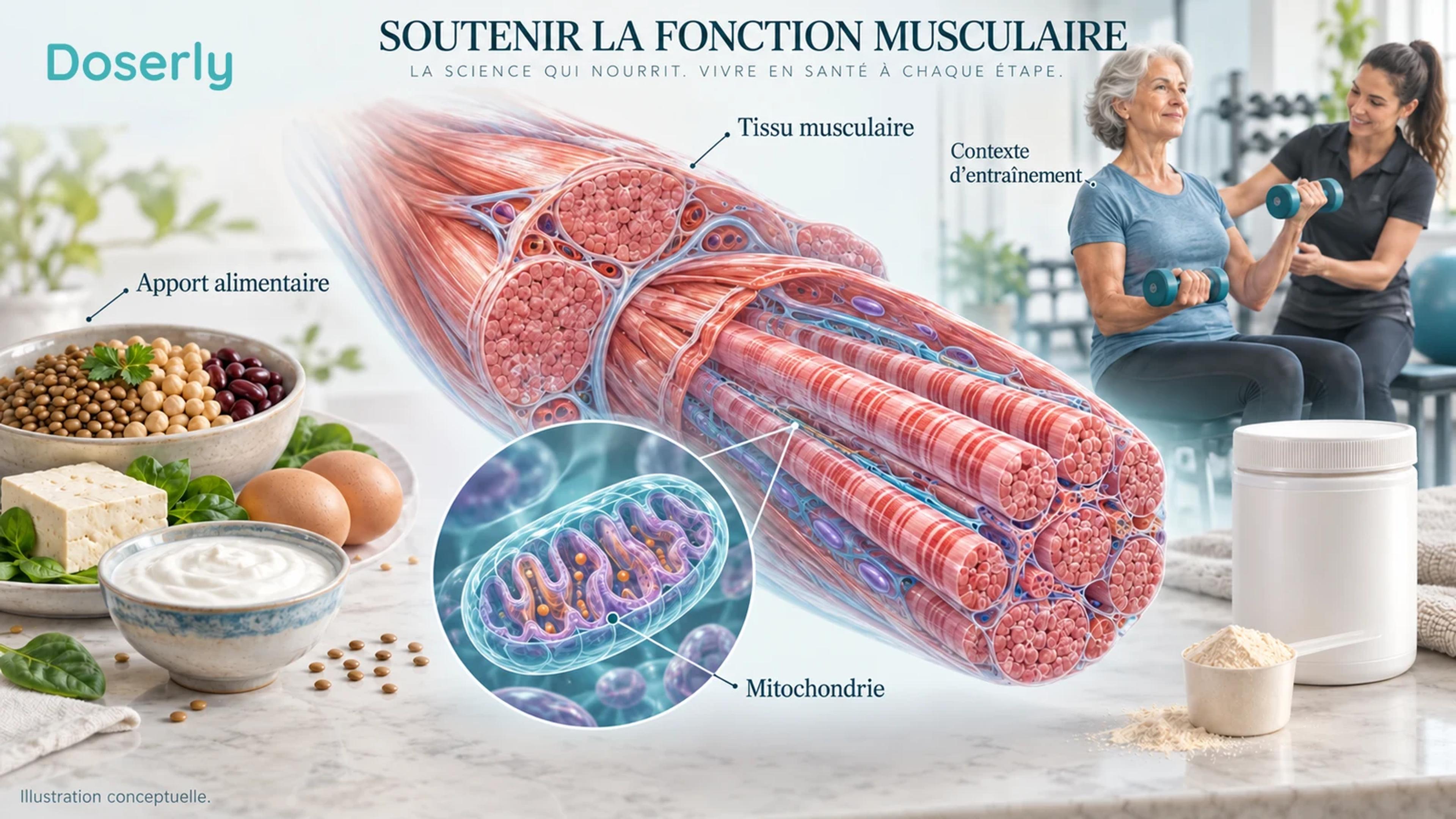 Fibre musculaire squelettique détaillée et aliments courants contenant des protéines, à côté d’un petit contenant de supplément sans marque.