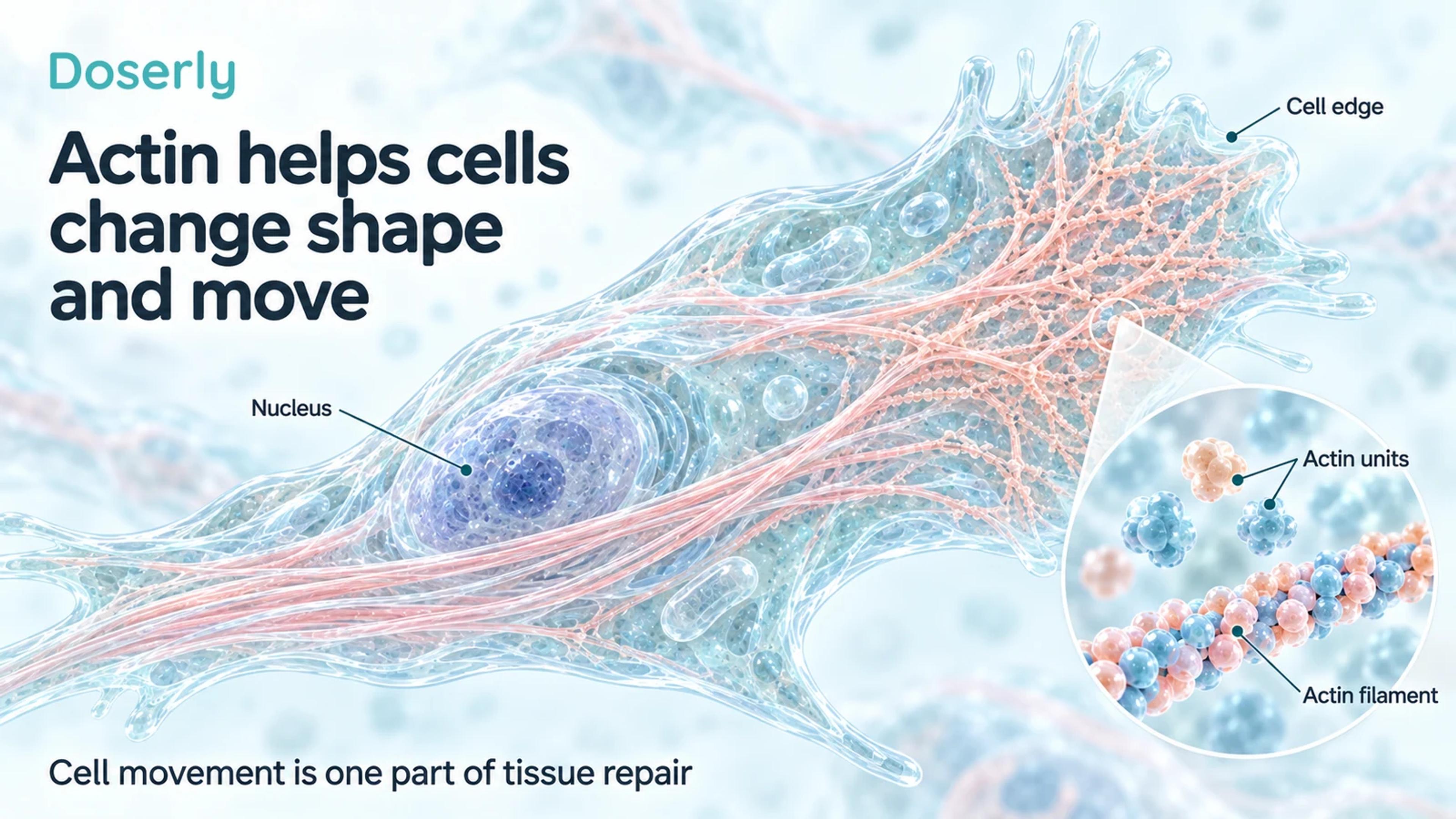 Translucent cell with actin filaments near its edge and a magnified view of individual actin units and an assembled filament.