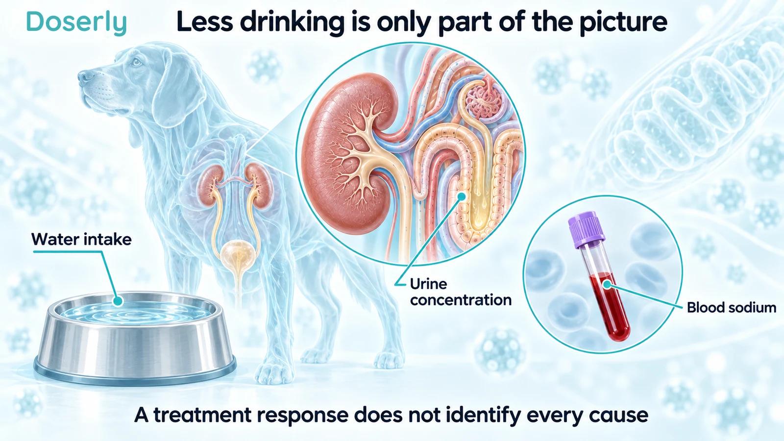 A translucent canine anatomy illustration beside a full water bowl, kidney cutaway and blood specimen tube.