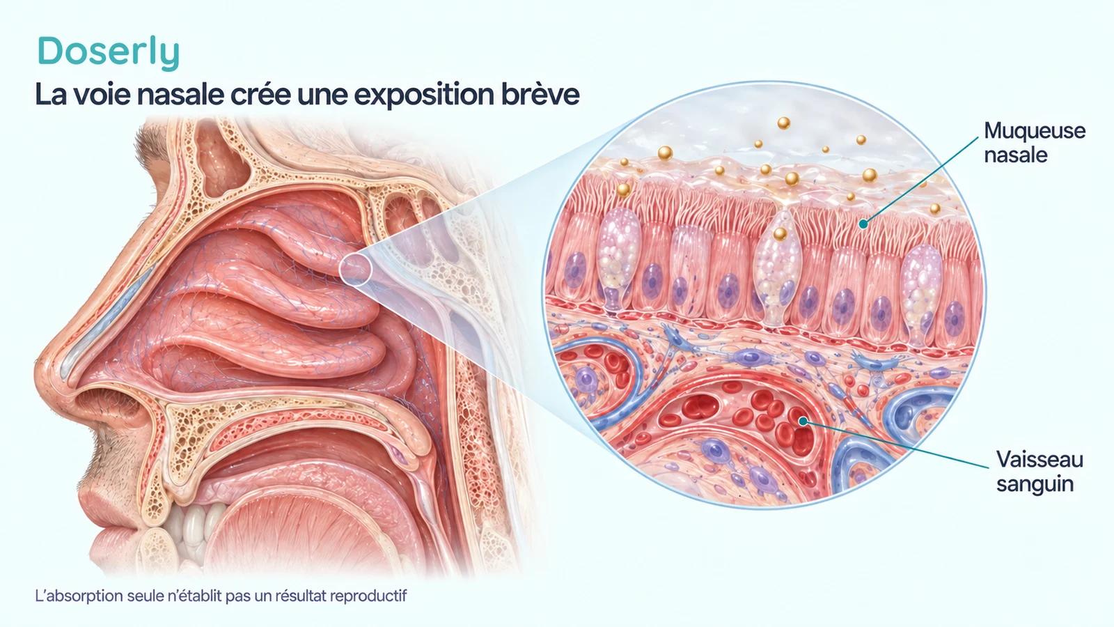 Vue sagittale détaillée de la cavité nasale avec un agrandissement de la muqueuse nasale et du vaisseau sanguin sous-jacent.