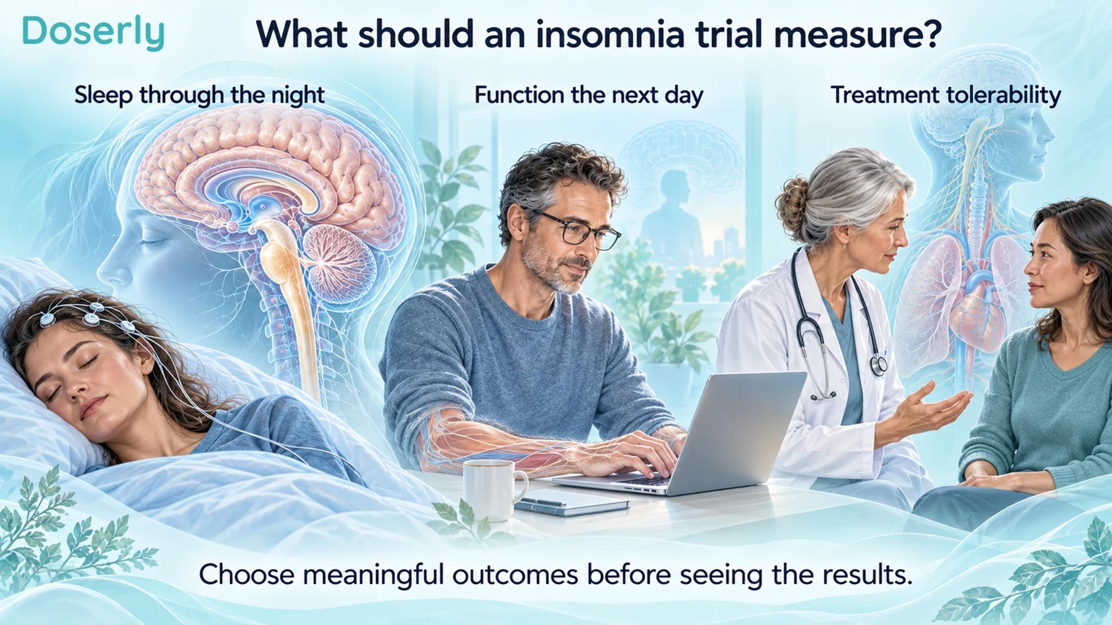 Sleep during the night, next-day functioning and clinical tolerability assessment illustrated as separate outcome domains.