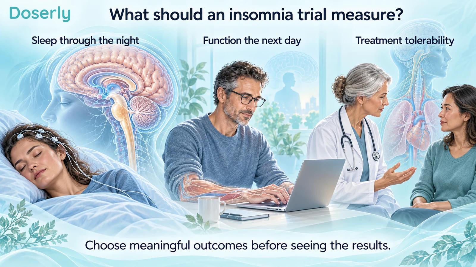 Sleep during the night, next-day functioning and clinical tolerability assessment illustrated as separate outcome domains.