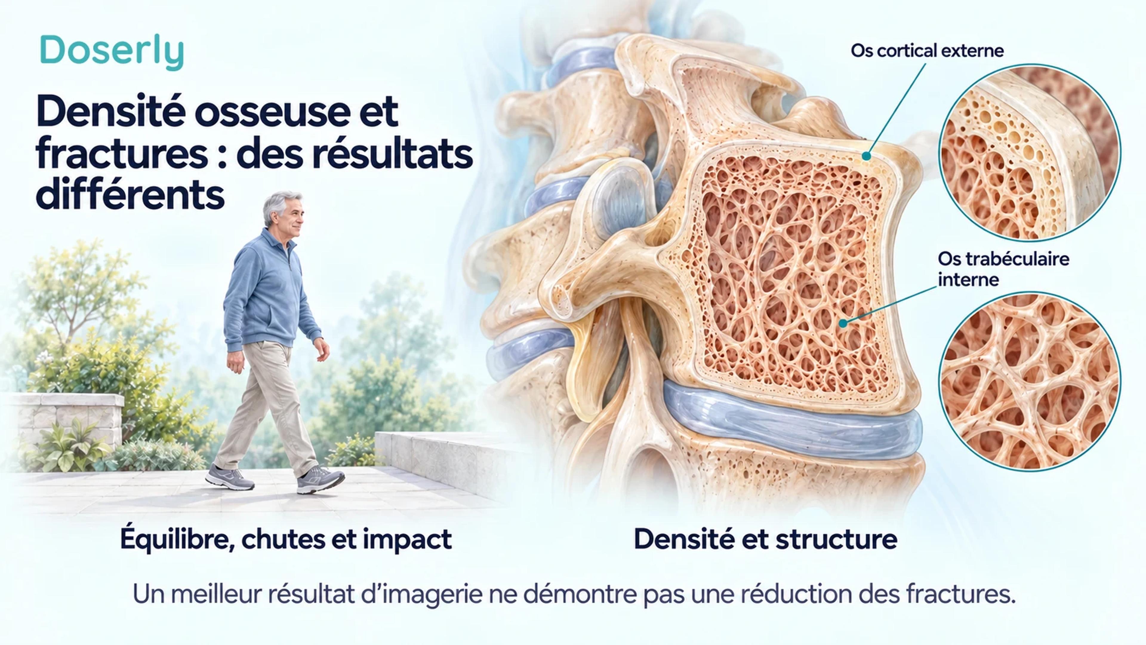 Une coupe détaillée d’une vertèbre montrant l’os cortical et l’os trabéculaire à côté d’une personne âgée qui marche près d’une marche.