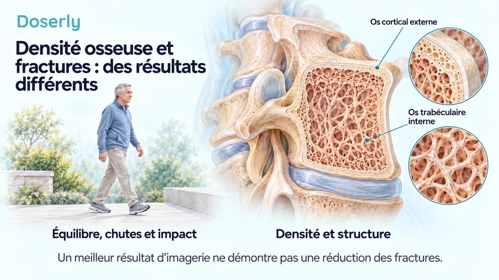 Une coupe détaillée d’une vertèbre montrant l’os cortical et l’os trabéculaire à côté d’une personne âgée qui marche près d’une marche.