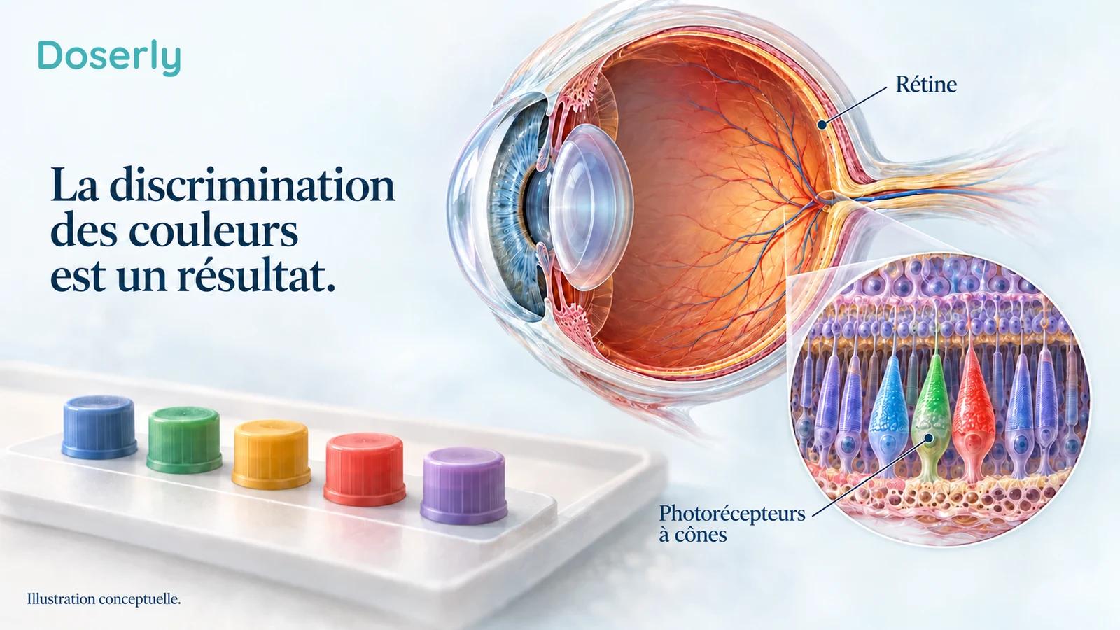 L’anatomie rétinienne et une tâche conceptuelle d’agencement des couleurs illustrent la discrimination des couleurs comme résultat visuel précis.