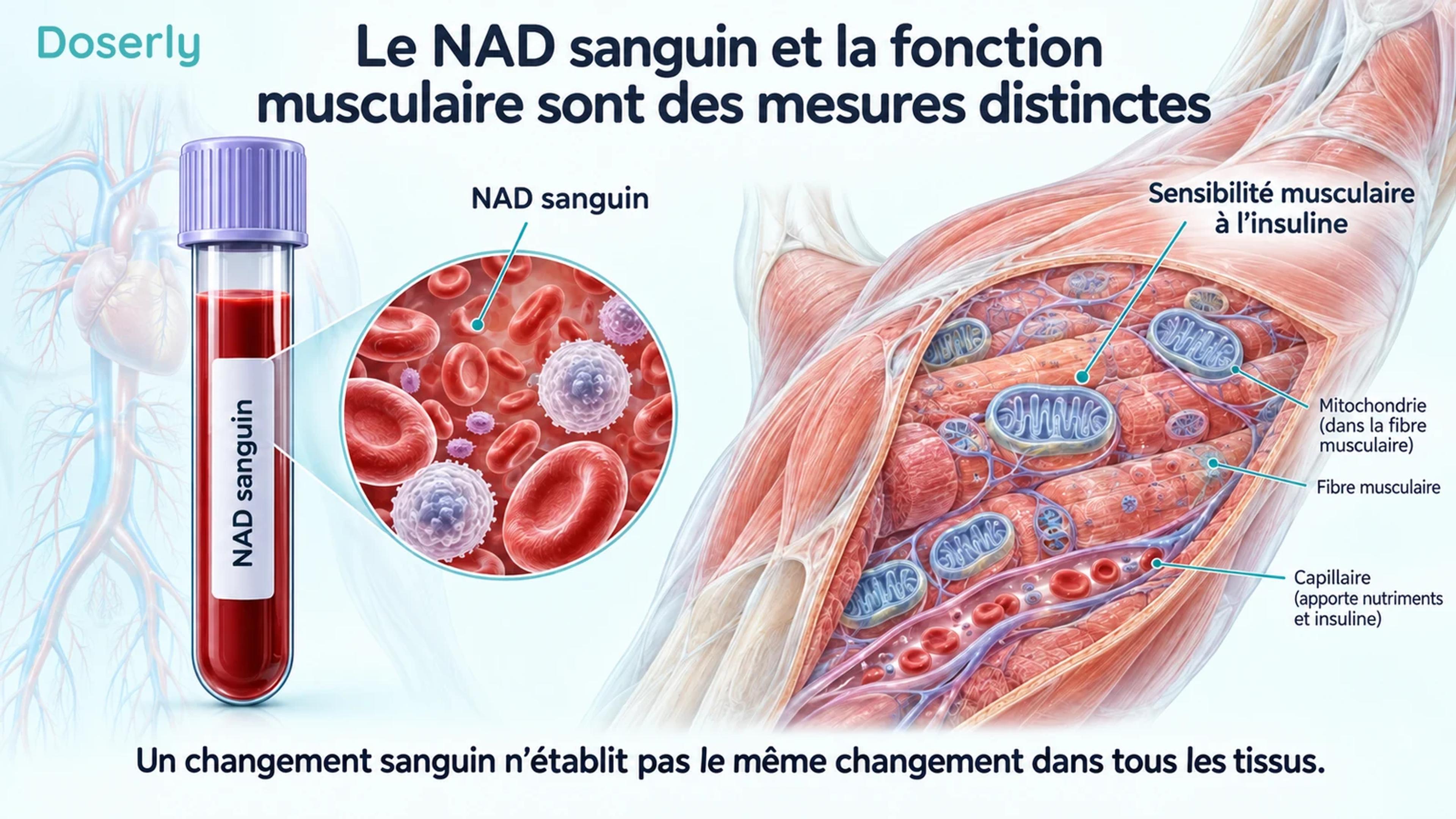 Échantillon sanguin à côté d’un muscle et de mitochondries agrandis, distinguant le NAD sanguin de la sensibilité musculaire à l’insuline.